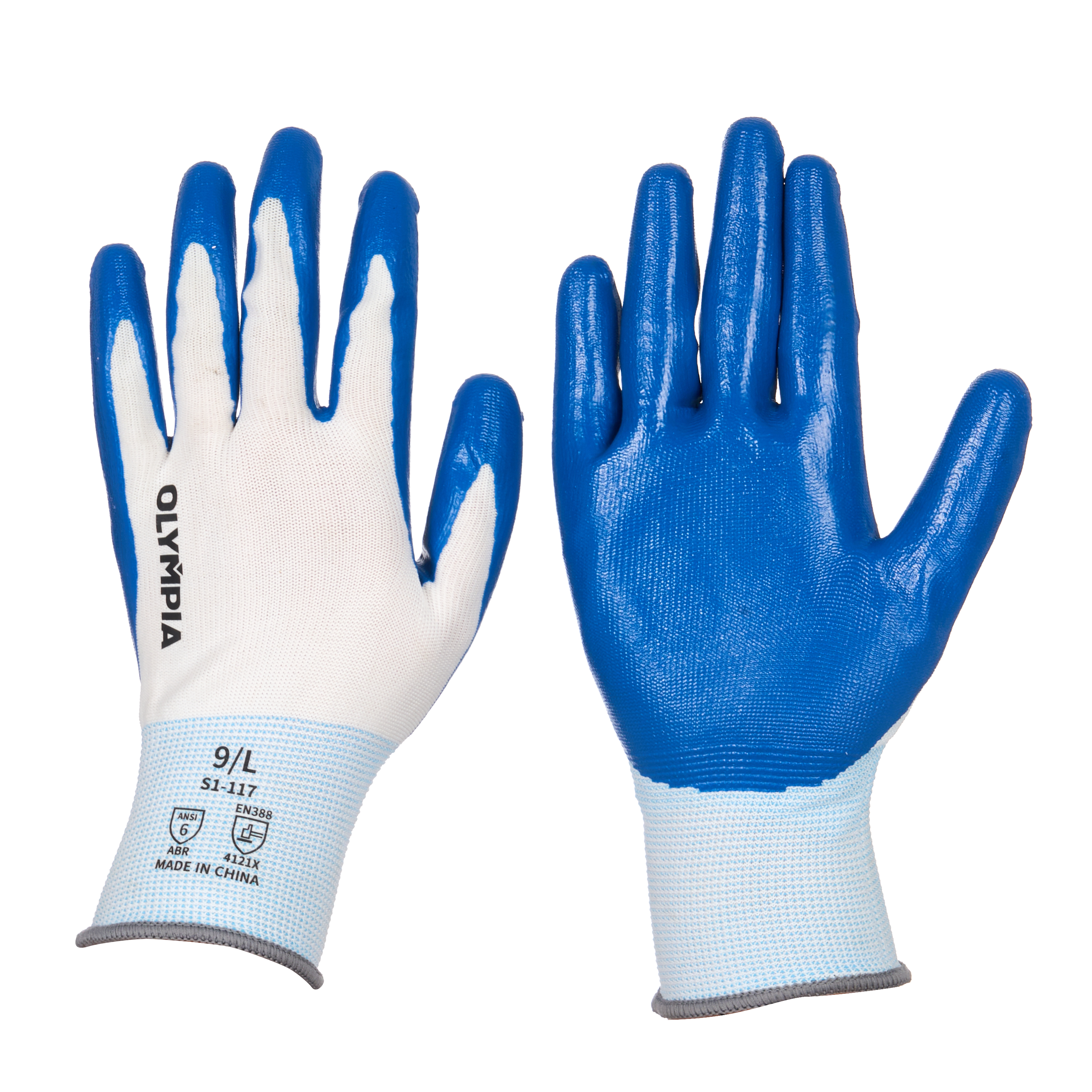 Nitrile Dipped Knit Gloves, 13ga, L/9, White/Blue, 12 pairs