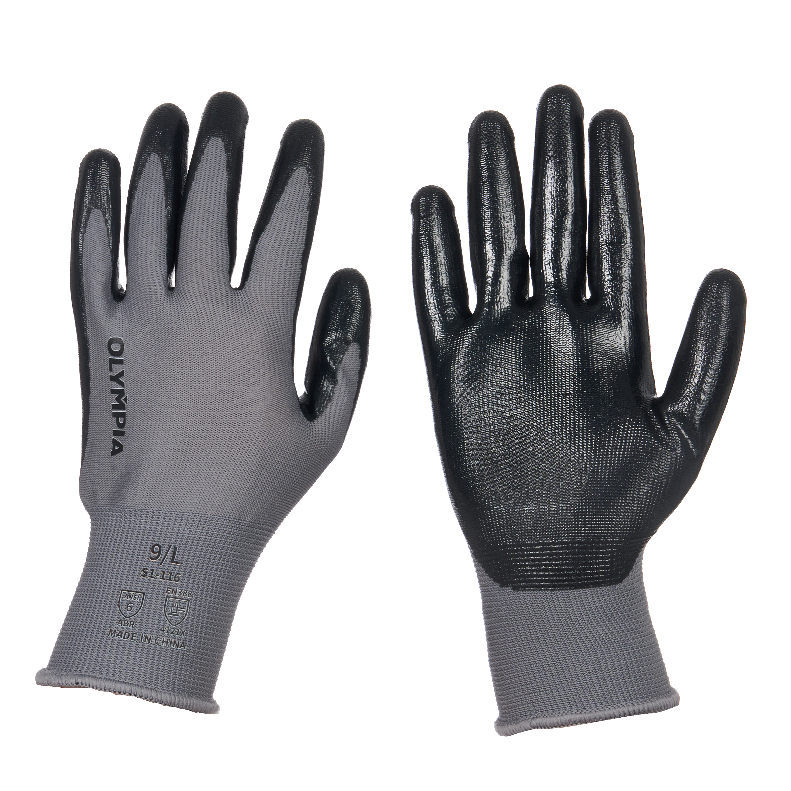 Nitrile Dipped Knit Gloves, 13ga, L/9, Gray/Black, 12 pairs