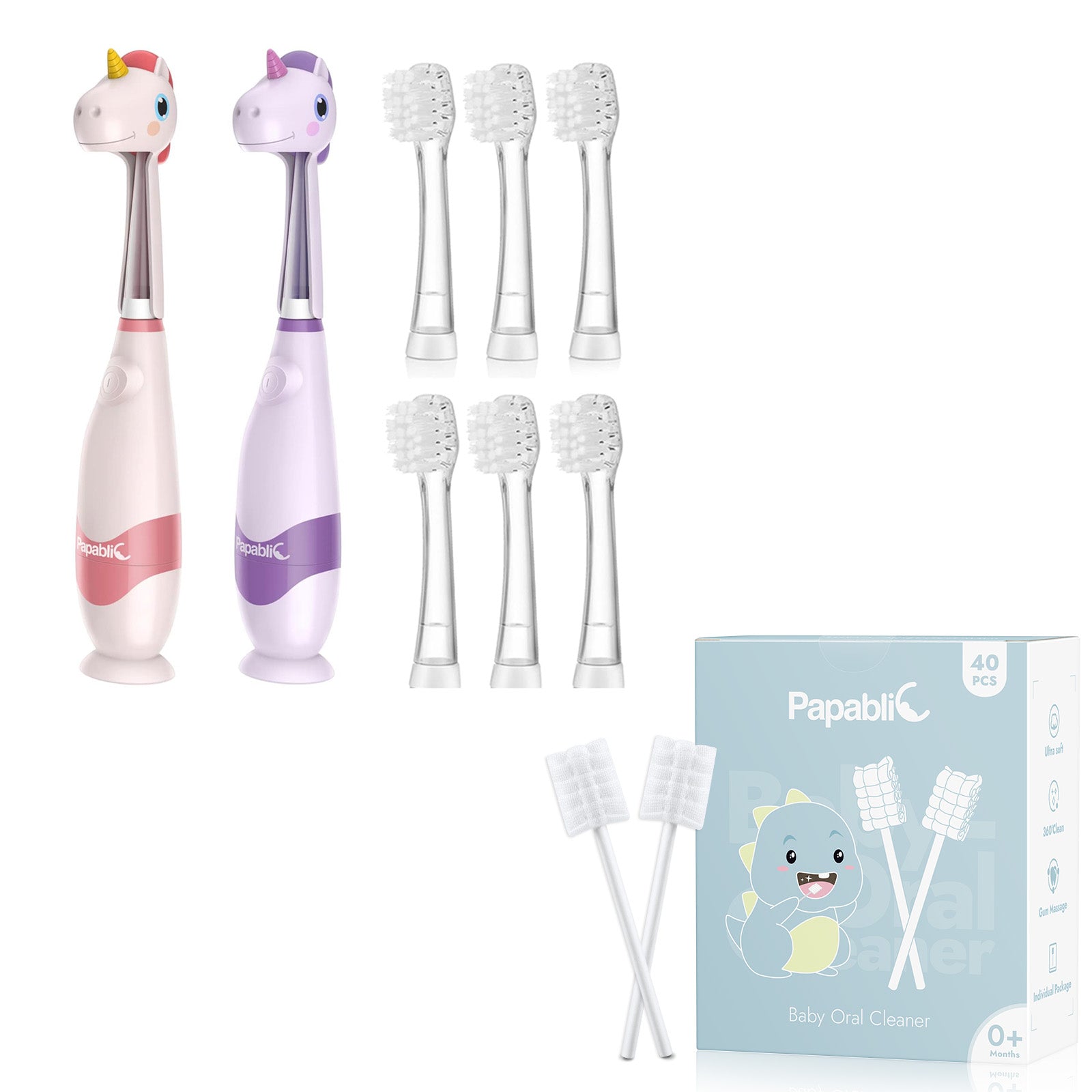 Doris Toddler Sonic Electric Toothbrush for Ages 1-3 Years - 4 heads / Doris + Arya + Tongue Cleaner (40 pcs)