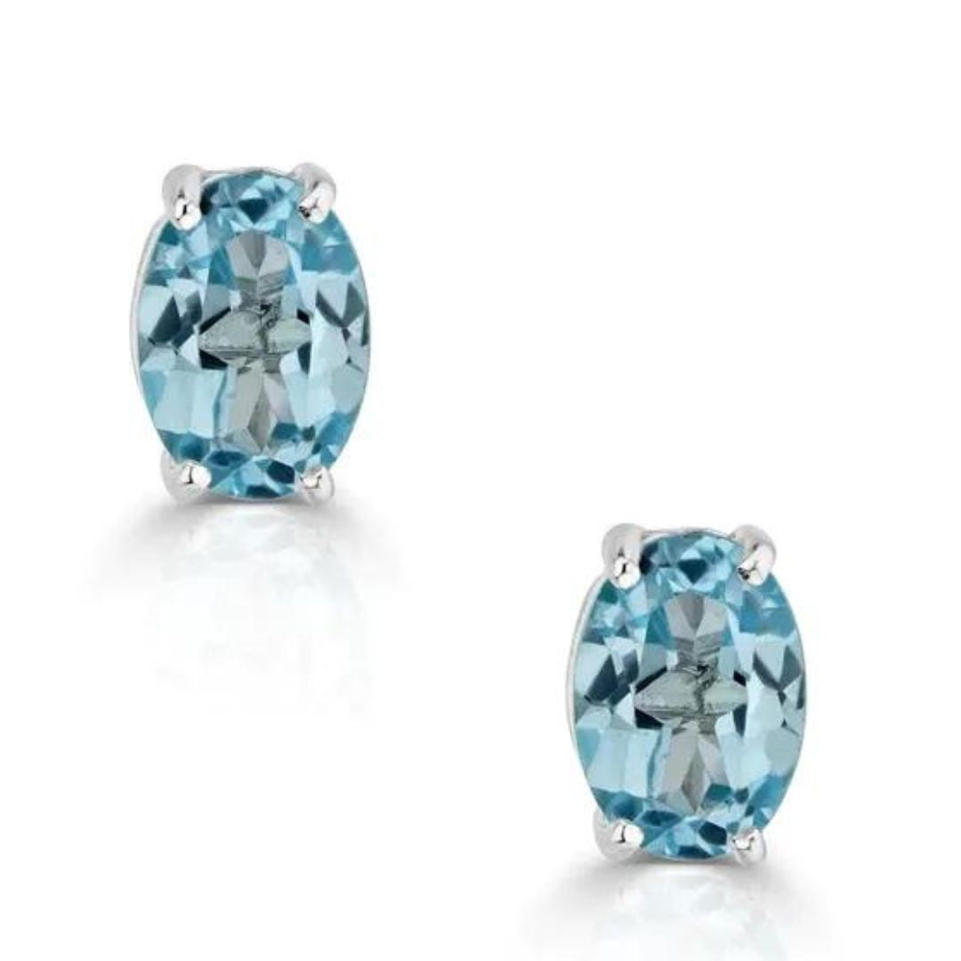Stud Earrings with Natural Blue Oval Topaz Solitaire - Gold