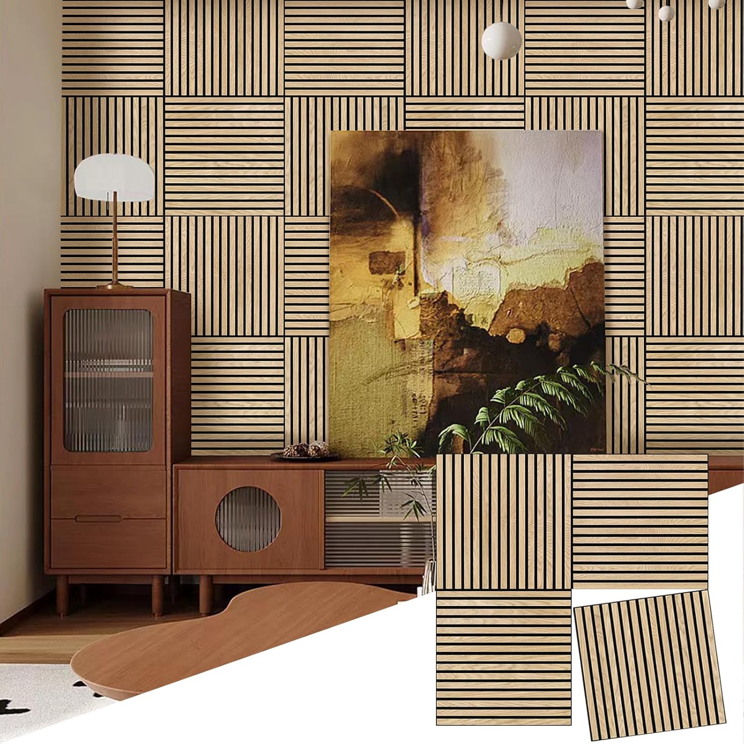 Luxury American Oak Square Acoustic Wall Panel by Unisoar - 47.2" x 47.2" – 4-Panel Set (23.6" x 23.6" each) / Natural real wood