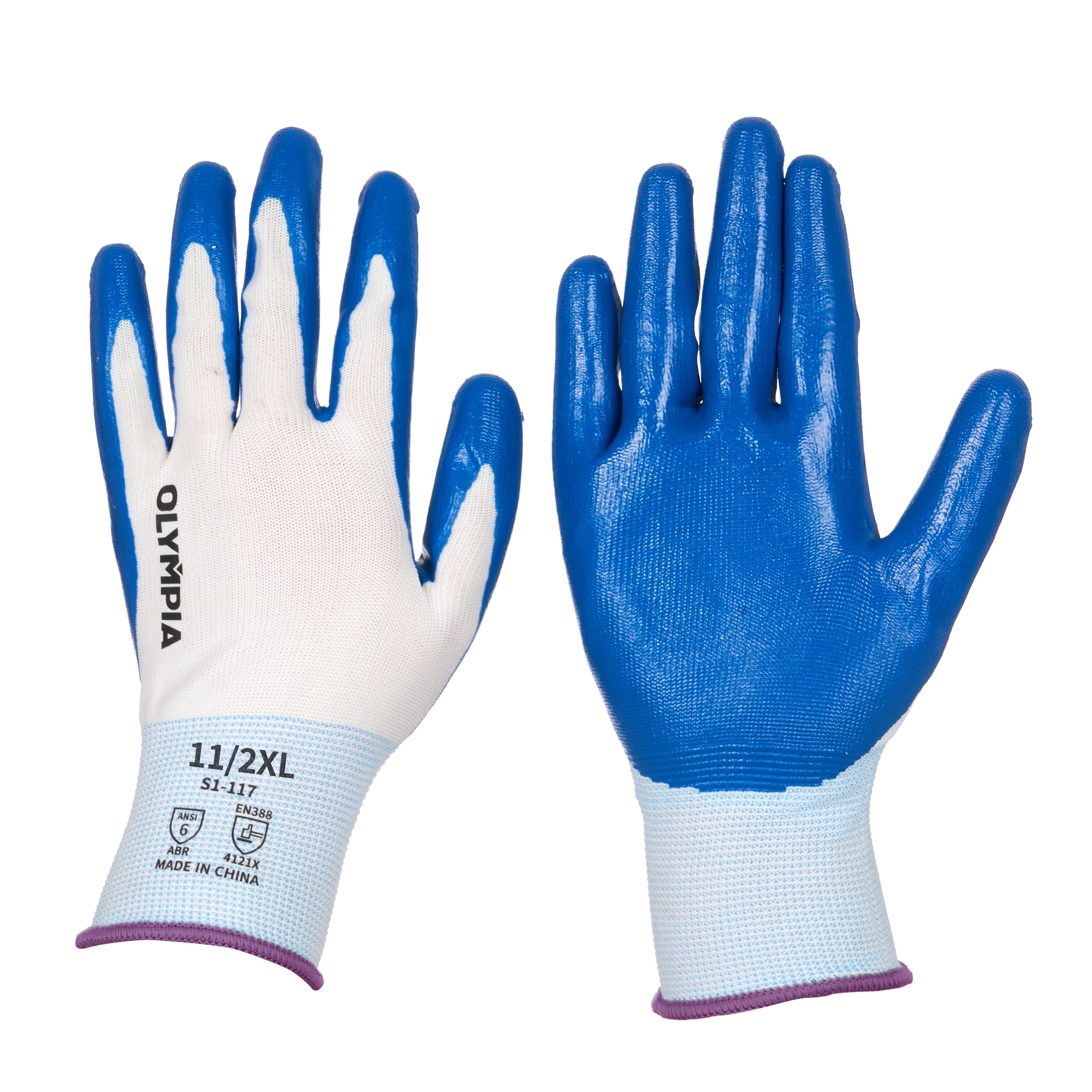 Nitrile Dipped Knit Gloves, 13ga, XXL/11, White/Blue, 12 pairs