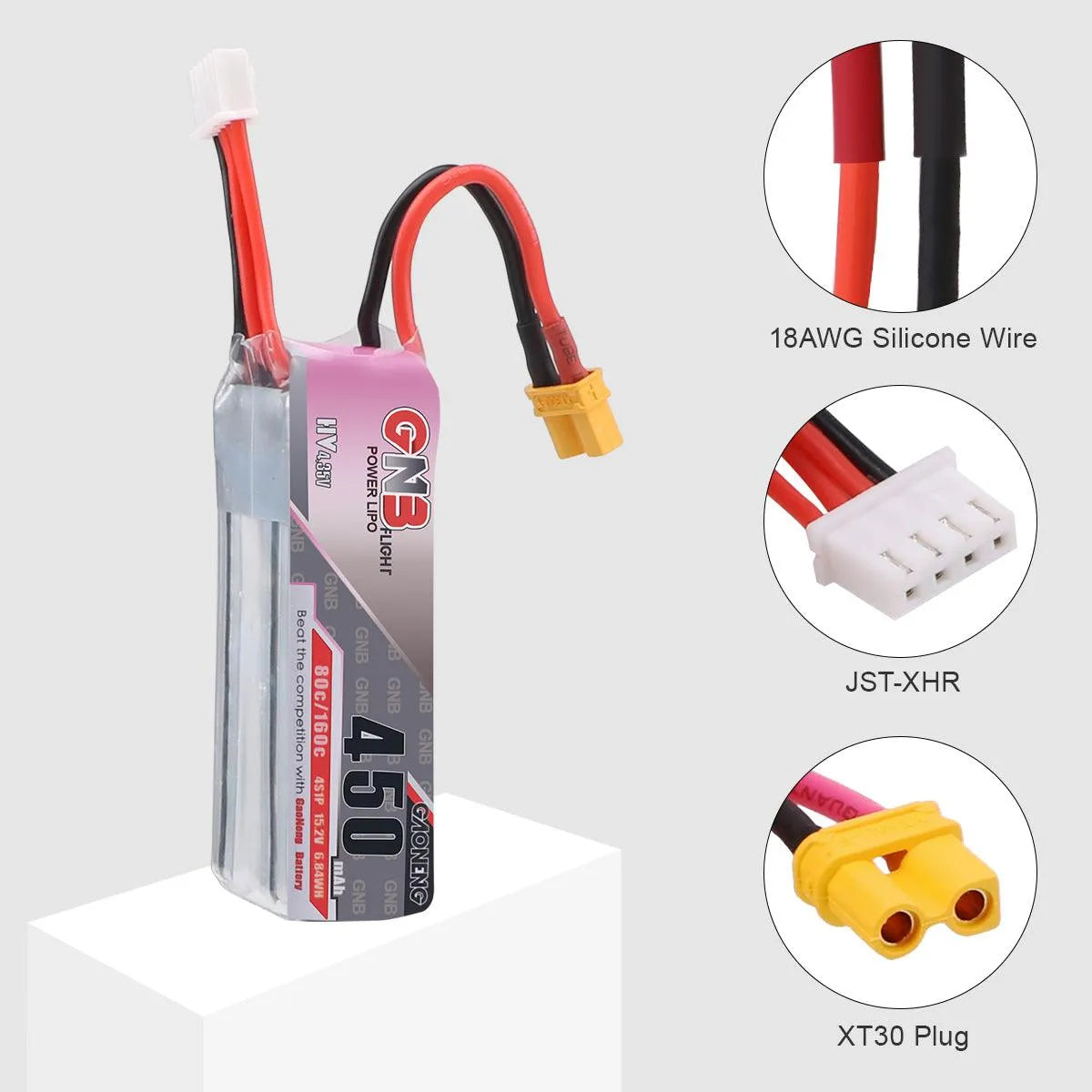 2PCS GNB 450mAh 3S HV 11.4V/4S HV 15.2V Lipo Battery 80C/160C XT30 Plug for Beta85X FPV Racing Drone - 3S HV 11.4V