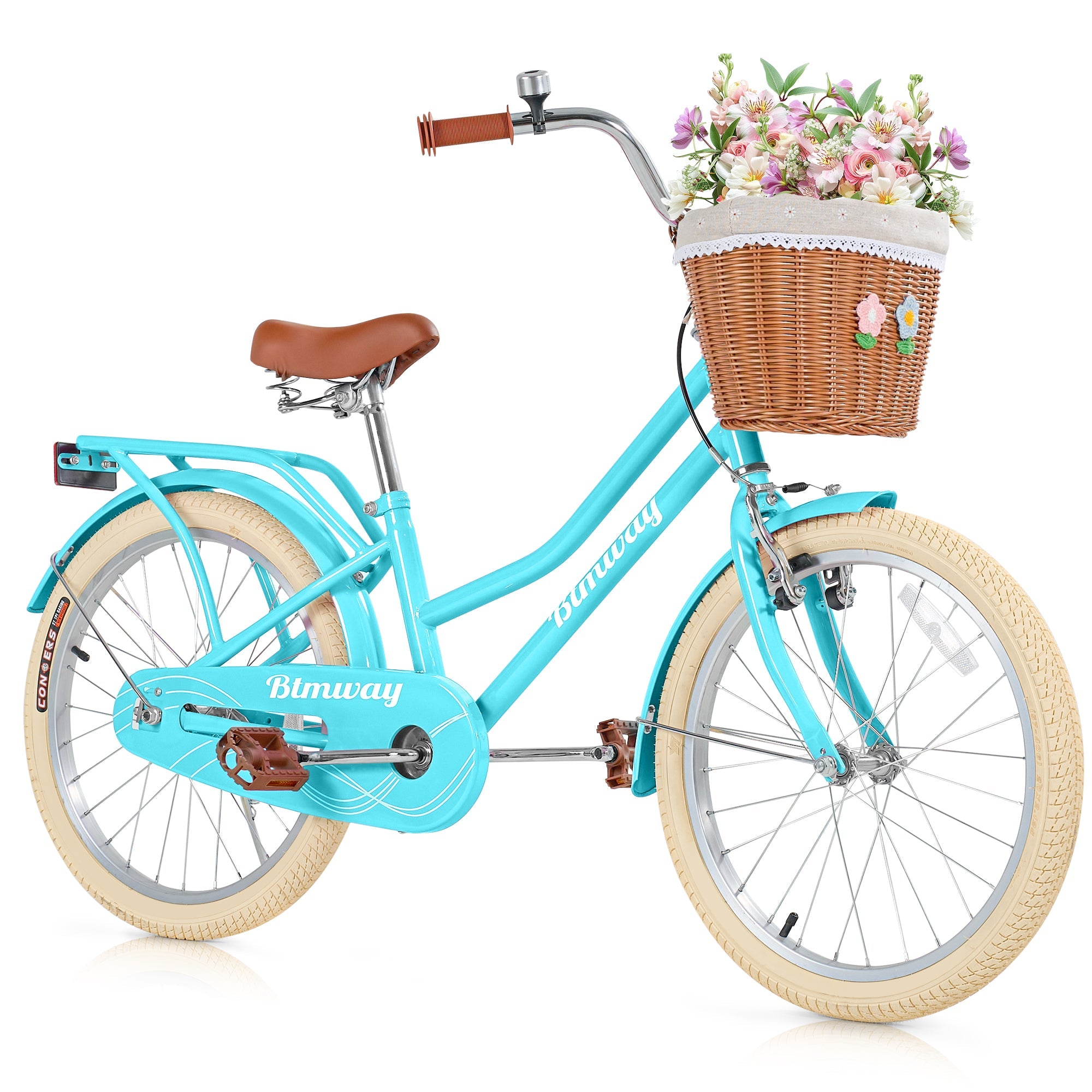iYofe Girls Bike 20inch with Basket and Backseat, Kids Bicycle for 7-10 Years Old, Single Speed - 蓝绿色