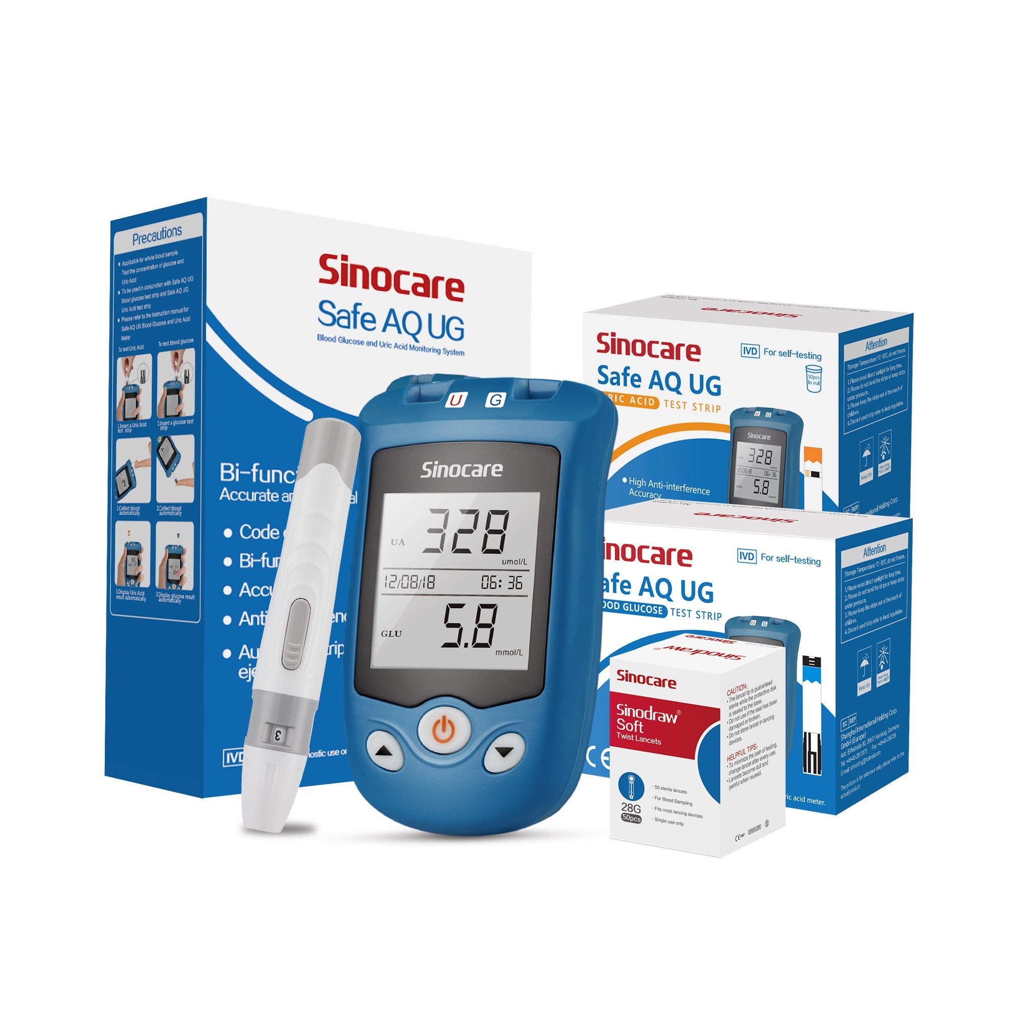 Sinocare Safe AQ UG Blood Glucose Uric Acid Meter with Advanced Test Strips Lancet for - 1pc meter+50pcs×(Blood Glucose+Uric Acid Strips) / mmol/L