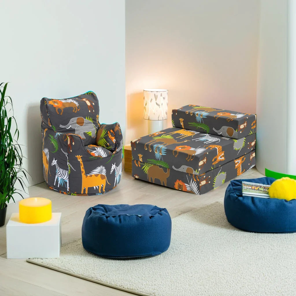 Kids Bean Bag Armchair and Folding Z Bed Printed Toddler Beanbag Chair and Chair Bed