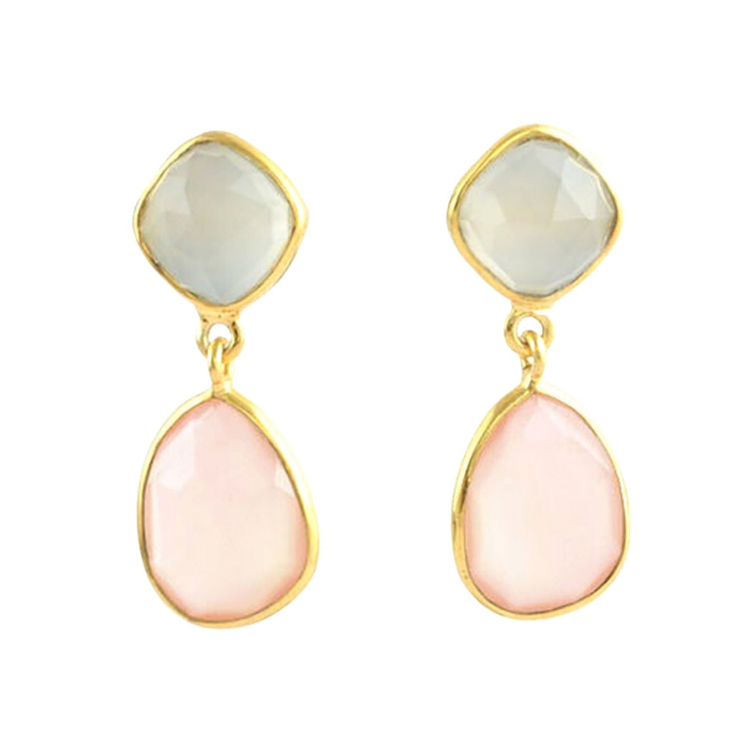 18ct Gold Vermeil Plated Pink And White Chalcedony Drop Gemstone Earrings
