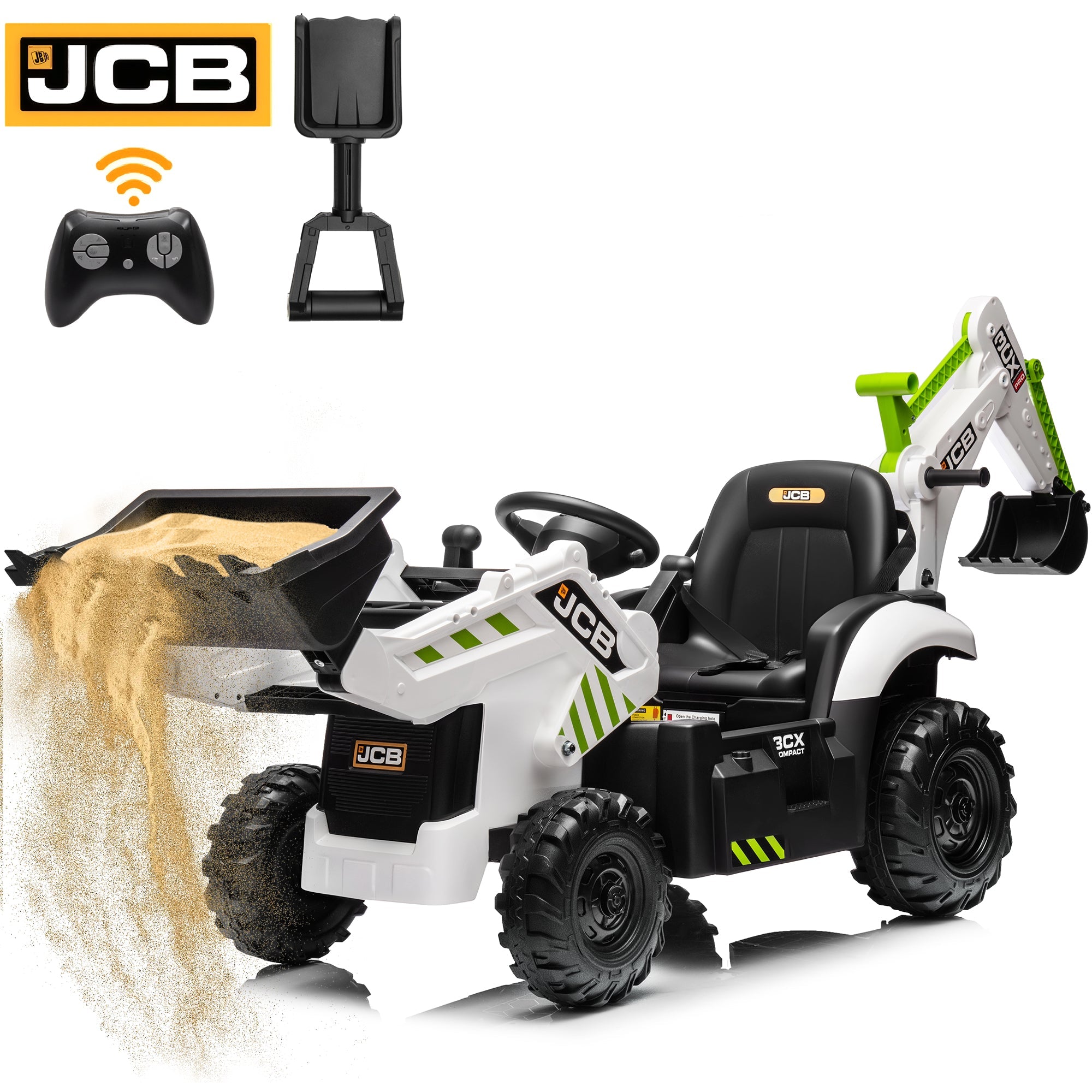iYofe 24V Kids Ride on Excavator Toy Cars, JCB Powered Ride on Backhoe Construction Toy with Bluetooth, Electric Tractor Car with Remote - White