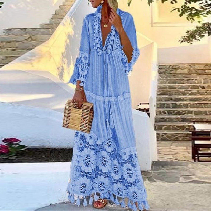 Women’s Clothing Spring and Summer New Bohemian Style Lace Tassel Stitching Beach Holiday Elegant Long Dress Dress