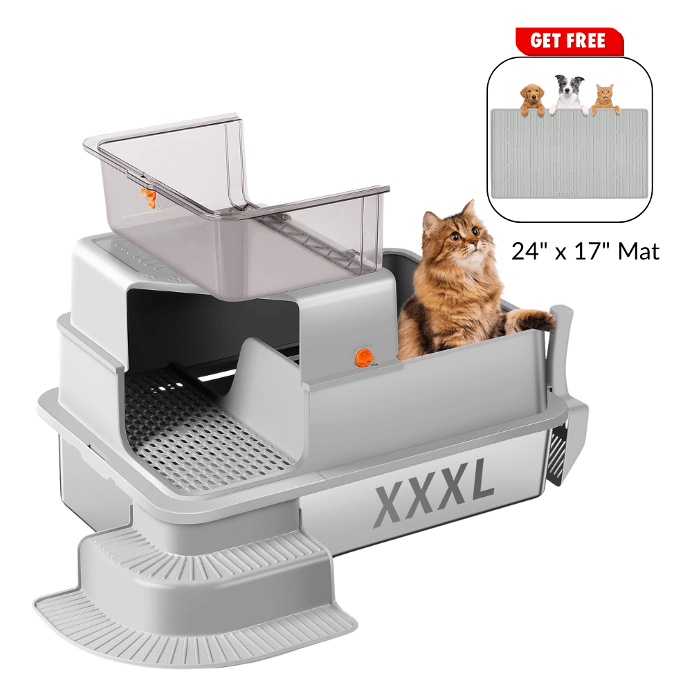 XXXL Light Gray Fully Enclosed Stainless Steel Litter Box with Step - Light Gray / 28"x20"x18"
