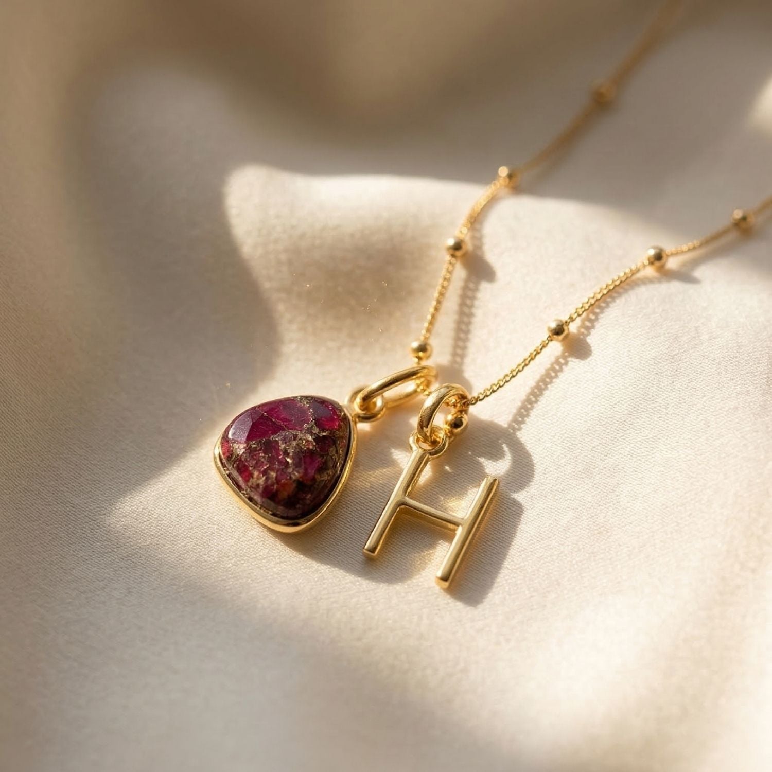 18ct Gold Vermeil Plated Garnet Initial Necklace - Q / Fine Beaded Chain