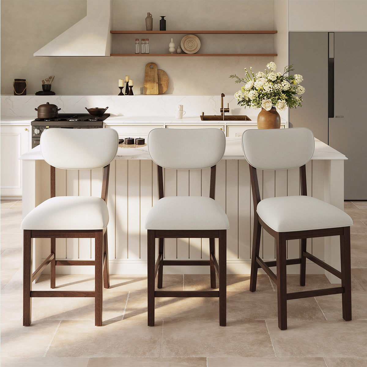 COLAMY AUREL Upholstered Counter Height Bar Stool - Brown / Set of 3