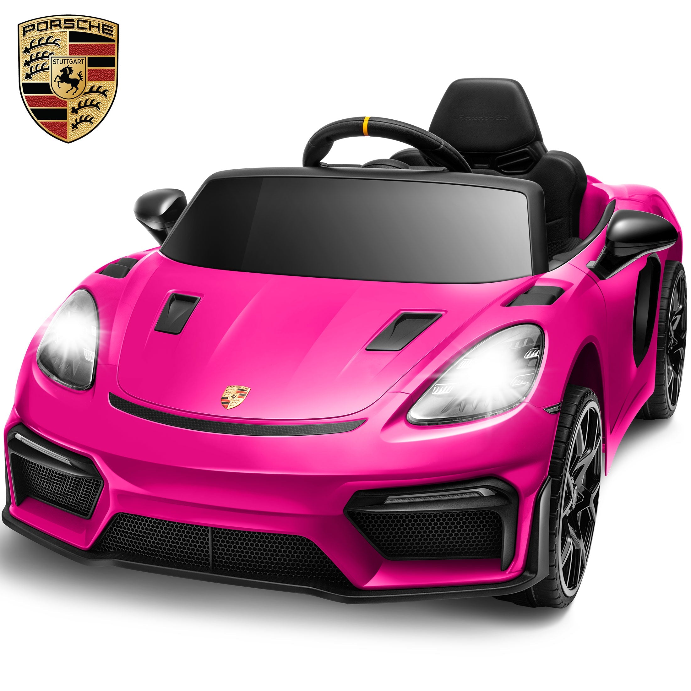 Porsche 718 12V Powered Ride on Toys, Kids Ride on Cars Sports Car with Remote Control, 4 Wheel Suspension, Bluetooth, Music, LED, Safety - Pink