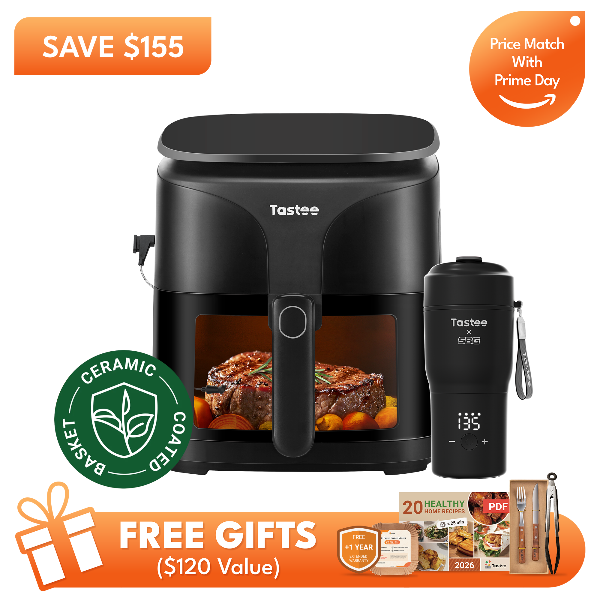 Tastee Sensor Magic Smart Air Fryer (Ceramic Coated Basket) + Travel Coffee Mug (Tastee x SBG) - Black
