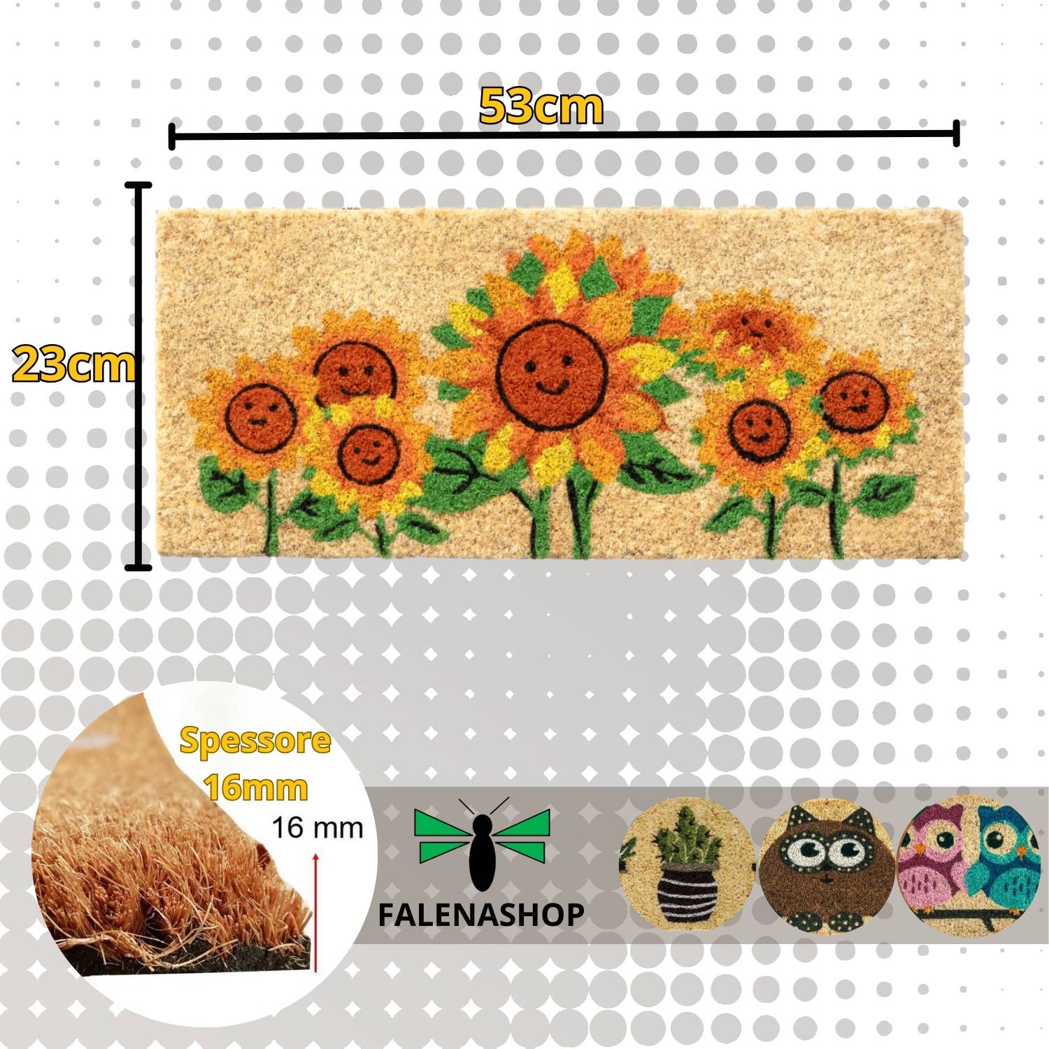 Zerbino Ingresso casa Divertente Simpatico cm 23X53 Tappeto Antiscivolo in Cocco - Girasoli