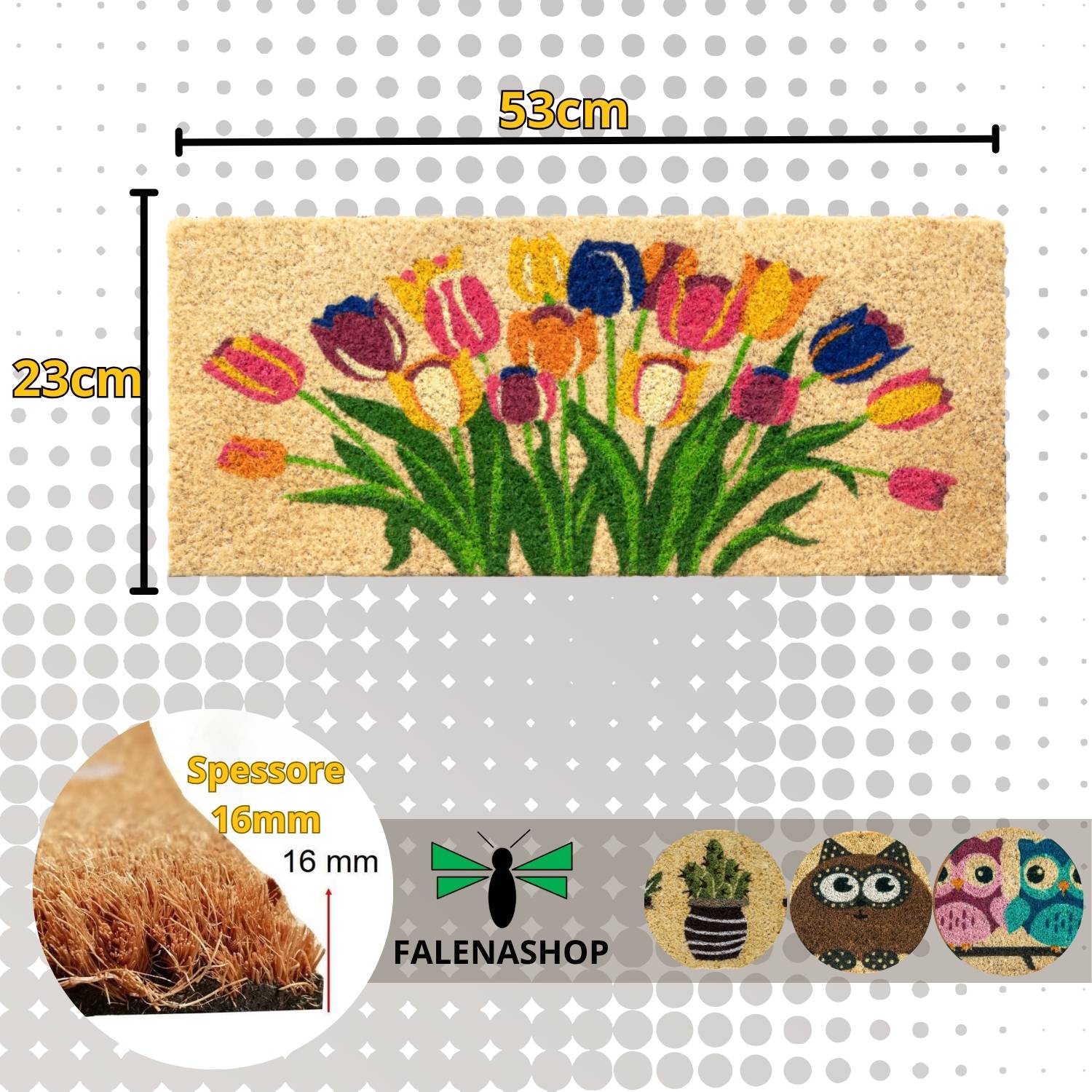 Zerbino Ingresso casa Divertente Simpatico cm 23X53 Tappeto Antiscivolo in Cocco - Tulipani