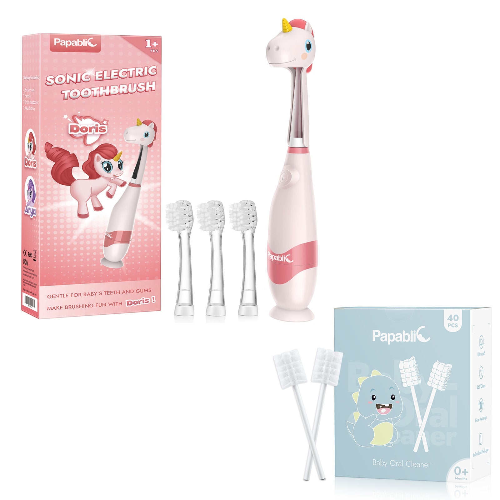 Doris Toddler Sonic Electric Toothbrush for Ages 1-3 Years - 4 heads / Doris (4 heads) + Tongue Cleaner (40 pcs)