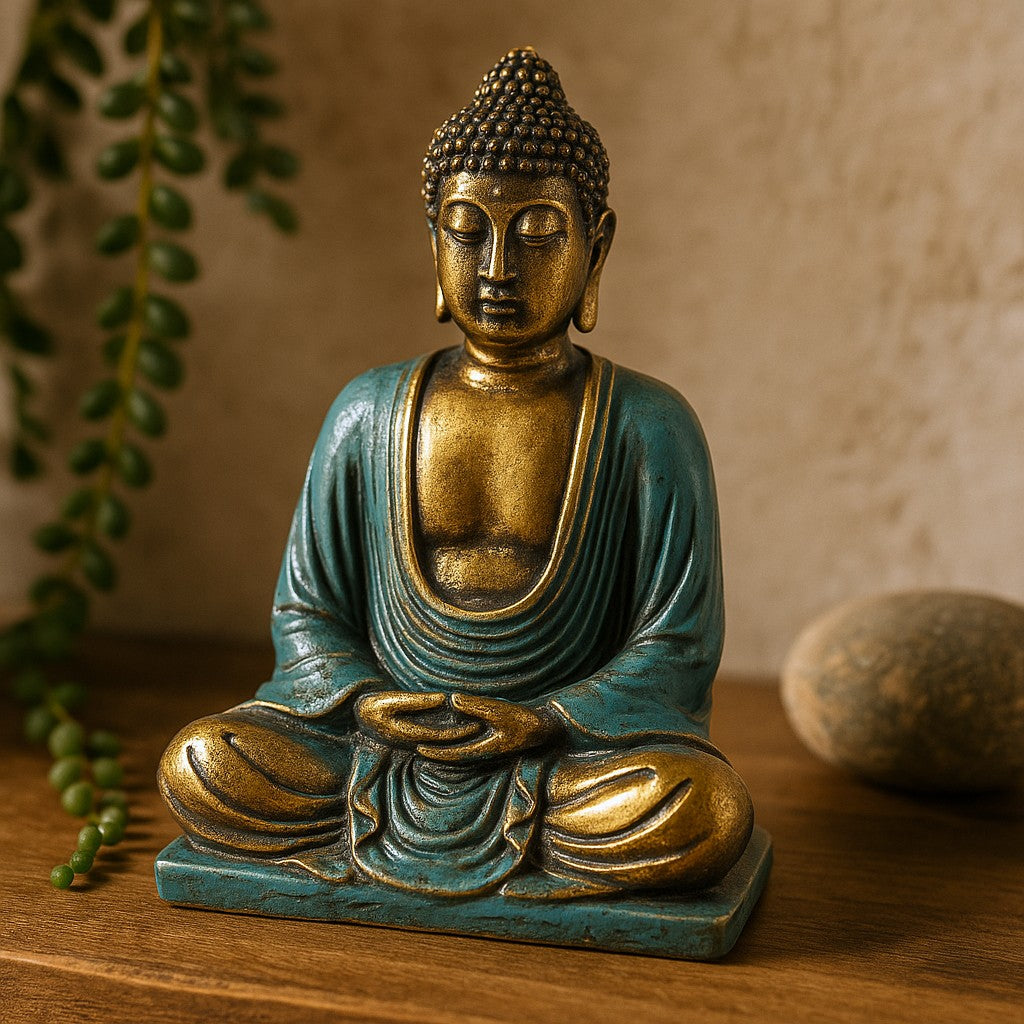 Buddha Statue Meditation Pose Teal and Gold Medium