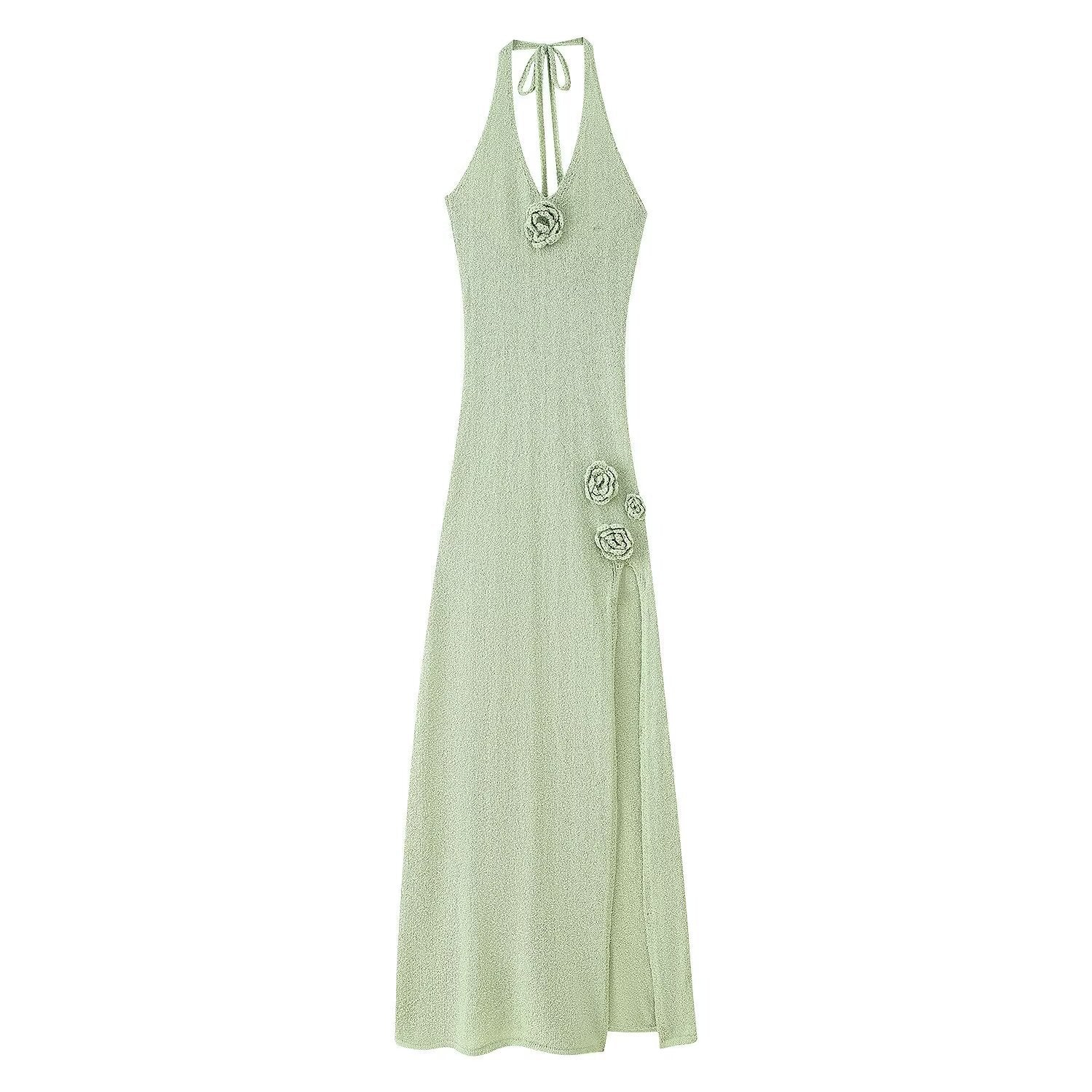 Women's Halter Backless Maxi Dress - Side Slit - S / Green