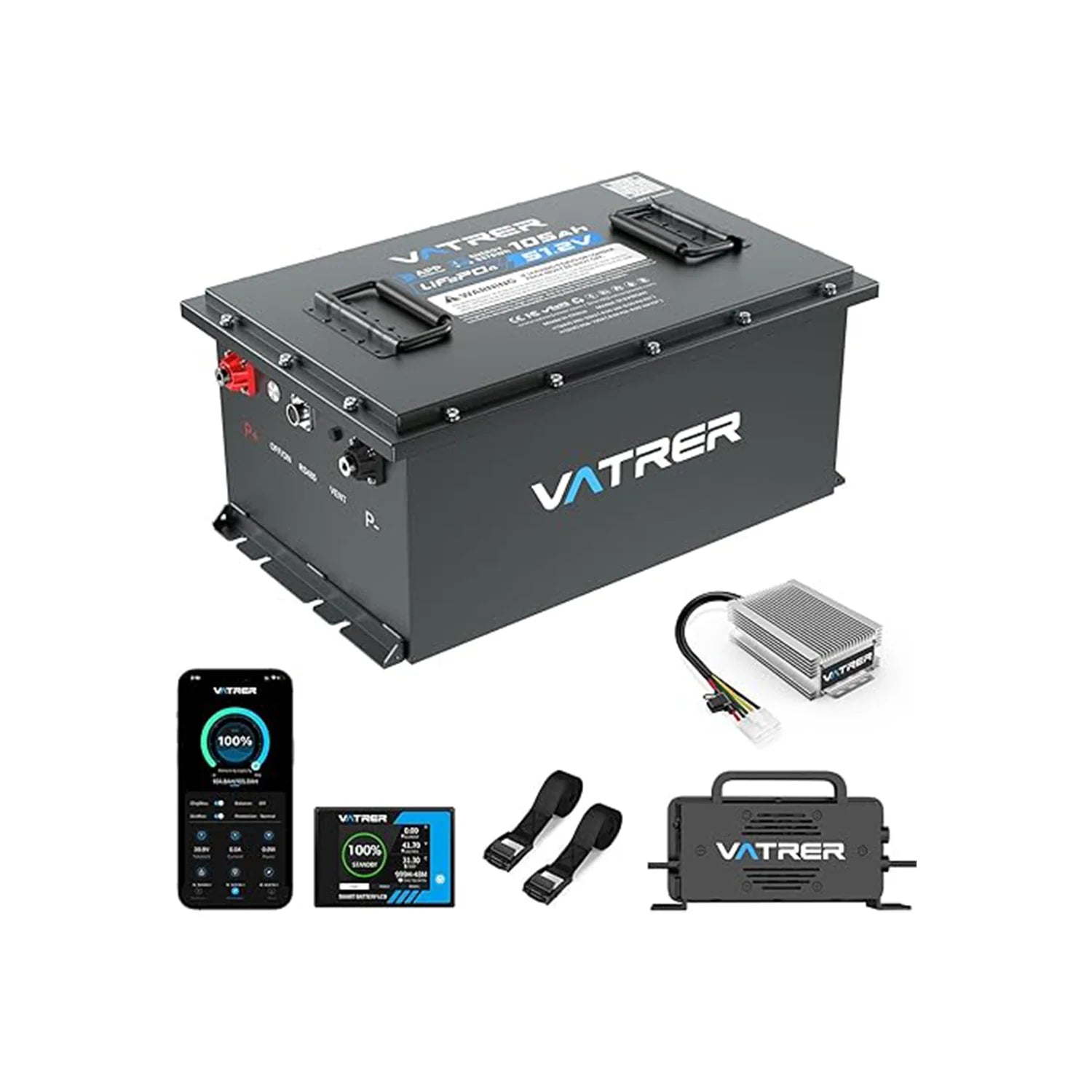 【UL】Vatrer 48V 105Ah Lithium Golf - 1 Pack Lithium Battery+1*56.8V 20A Charger+1*48V TO 12V Converter+1*LCD Screen+1*Fixed Strap+Others / 2 PACK