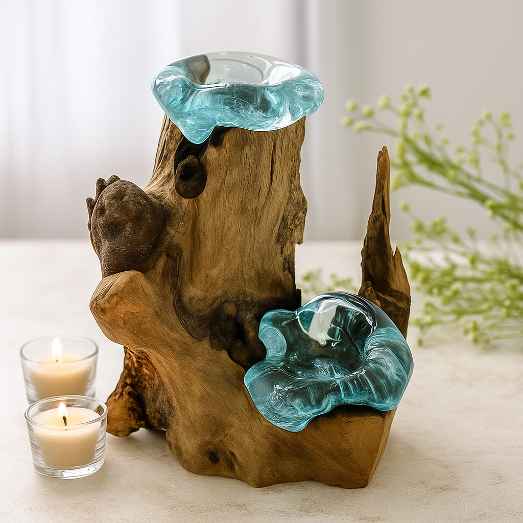 Double Candle Holder, Molten Glass Wood Base