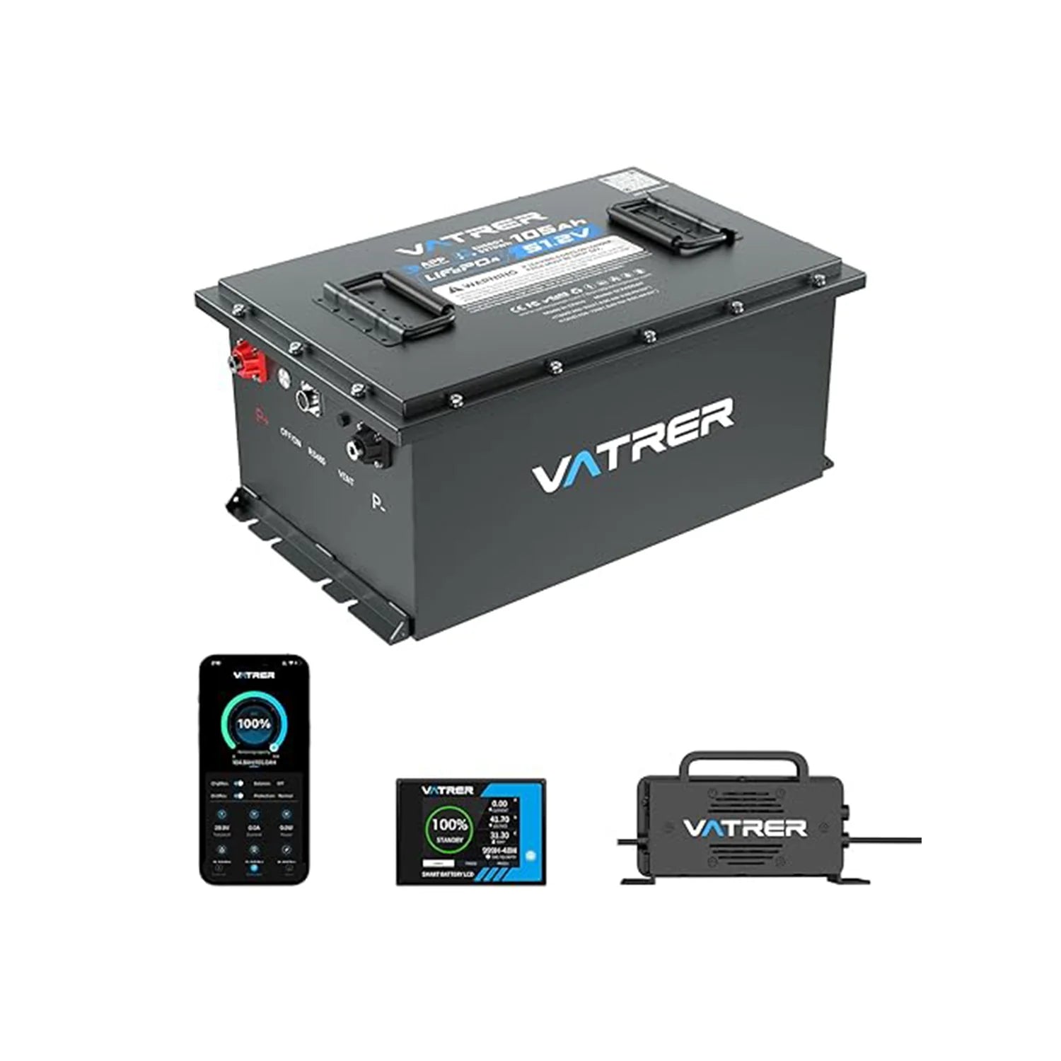 【UL】Vatrer 48V 105Ah Lithium Golf Cart Battery 200A BMS - 1 Pack Lithium Battery+1*56.8V 20A Charger+1*LCD Screen+Others / 4 PACK