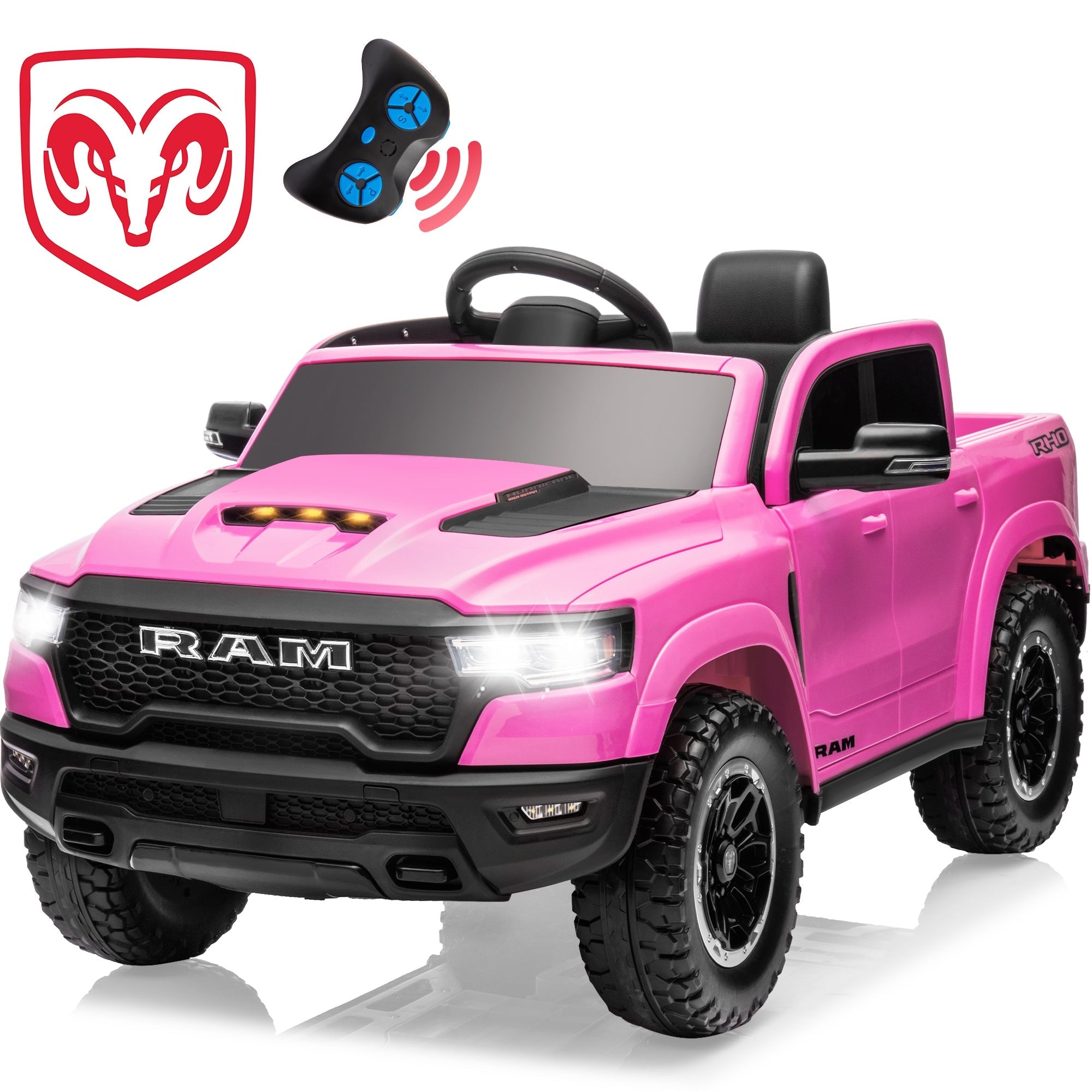 iYofe Ram Ride on Car Toys, 12V RAM 1500 Battery Powered Ride on Toy Truck with Remote Control, Electric Car for Kids Girls 3-5 w/ Bluetooth, - Pink