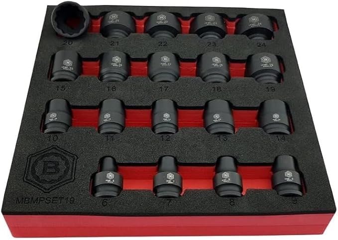 Impact Socket Set, Sizes 6-24mm, 3/8" Square Drive, 30mm Length (12-Point)
