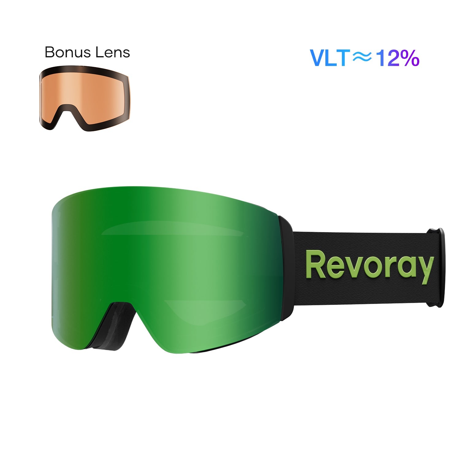 Passion M Pro Ski Goggles with Replacement Lens - Black Strap + Green Lens