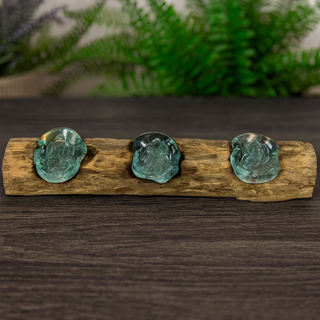 Candle Holder Triple Molten Glass on Wood Base