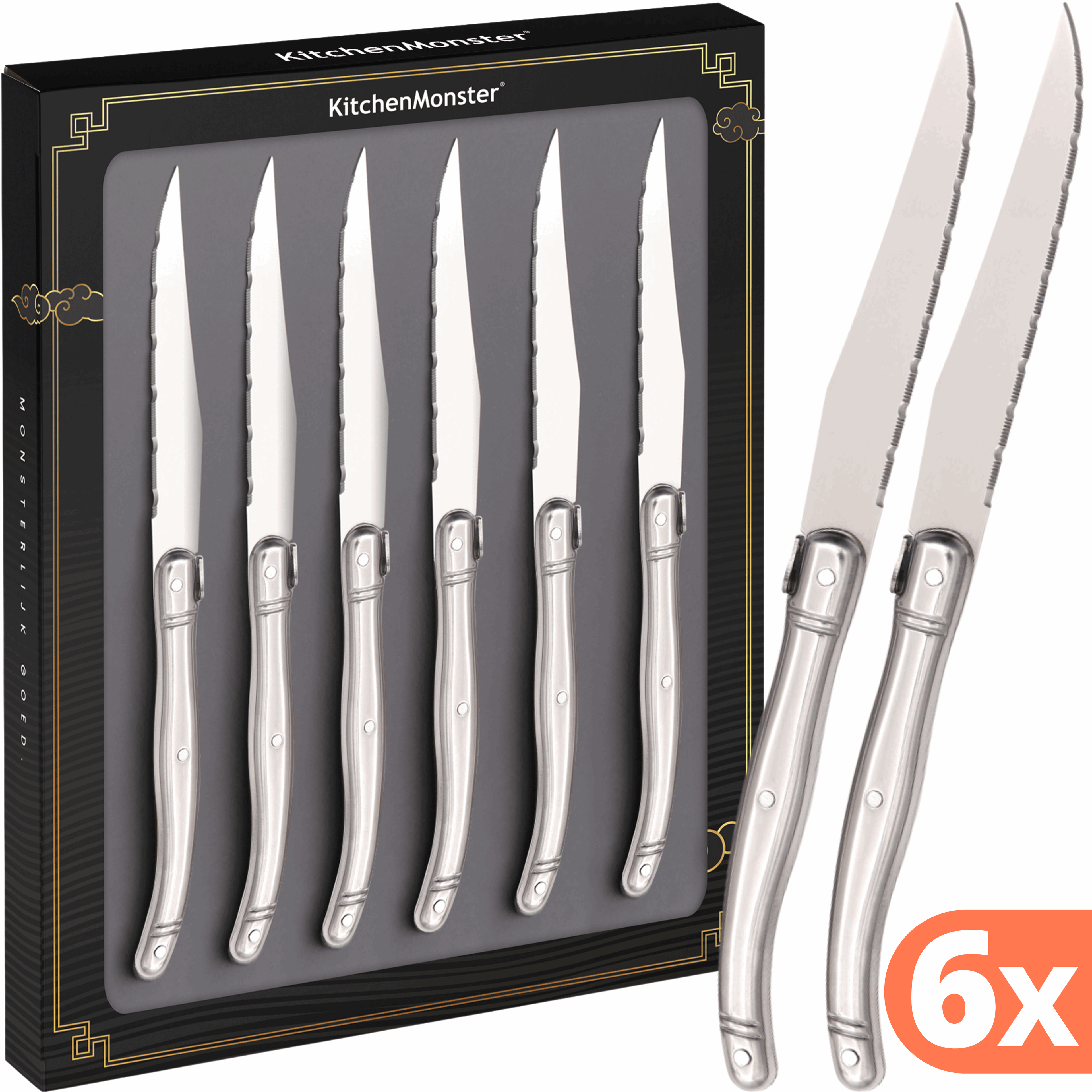KitchenMonster® Steakmessen set van 6 - Zilver