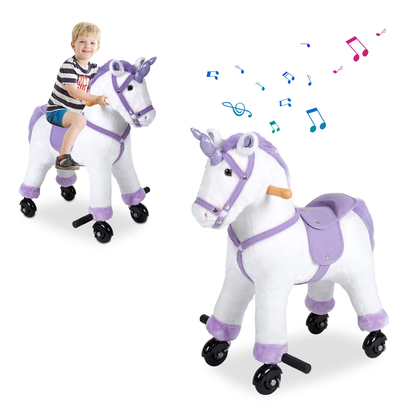 Kids Ride On Horse Toys - Unicorn Riding Horse, Mechanical Real Walking Horse with Rolling Wheels & Sound Music for Childern 3-6 Years Old, White