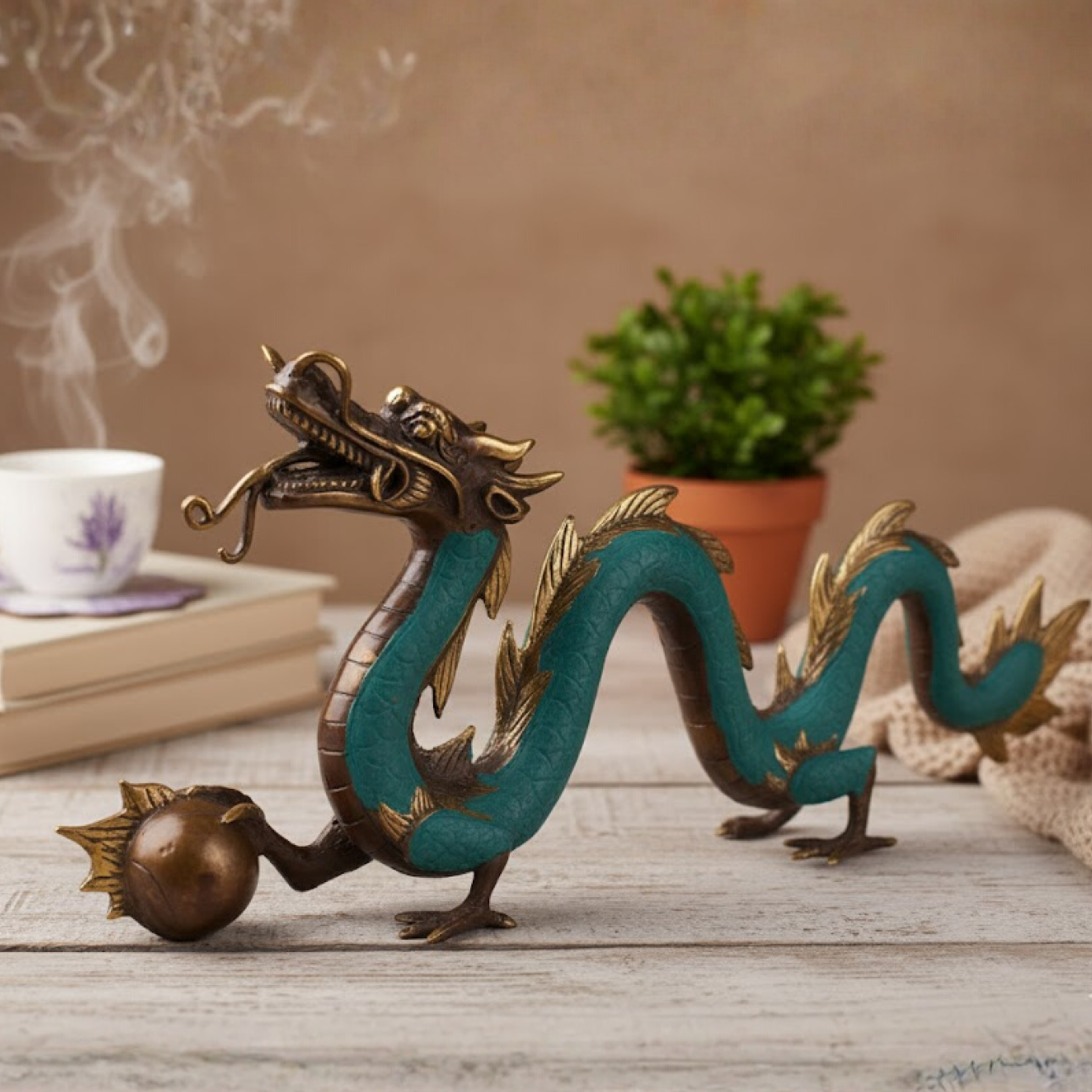 Feng Shui Brass Dragon Statue With Ball – 27cm