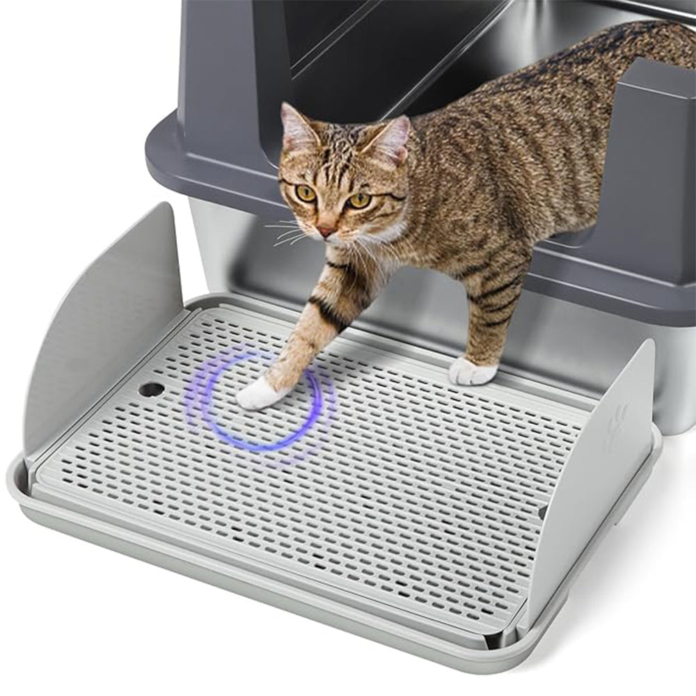 Light Gray Cat Litter Box Step with Removable Splash-Proof Baffles