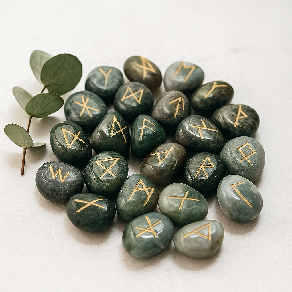 Moss Agate Rune Stones 25-Piece Set With Pouch