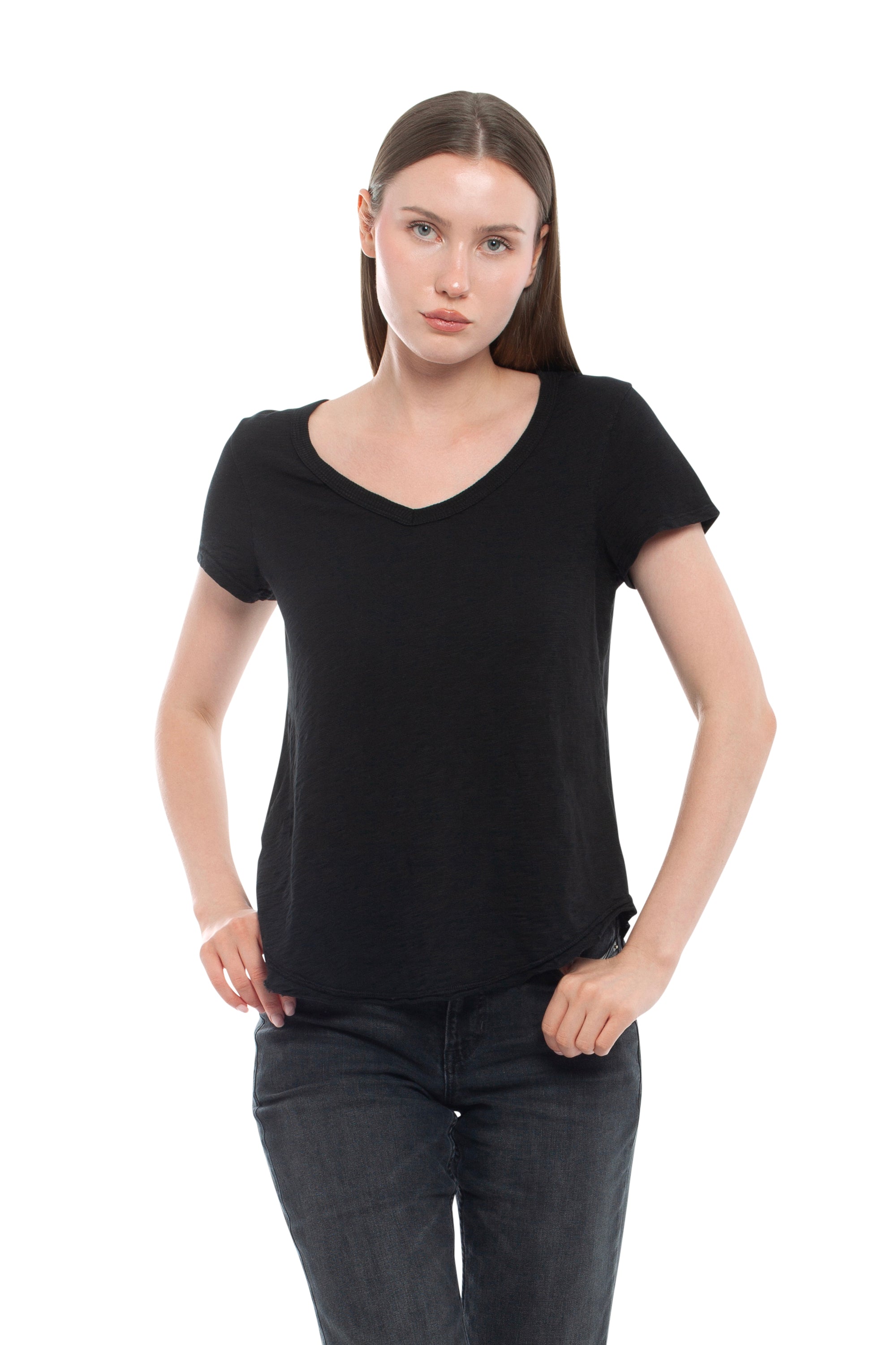 Short Sleeve Shrunken V-Neck Shirttail - Black / S