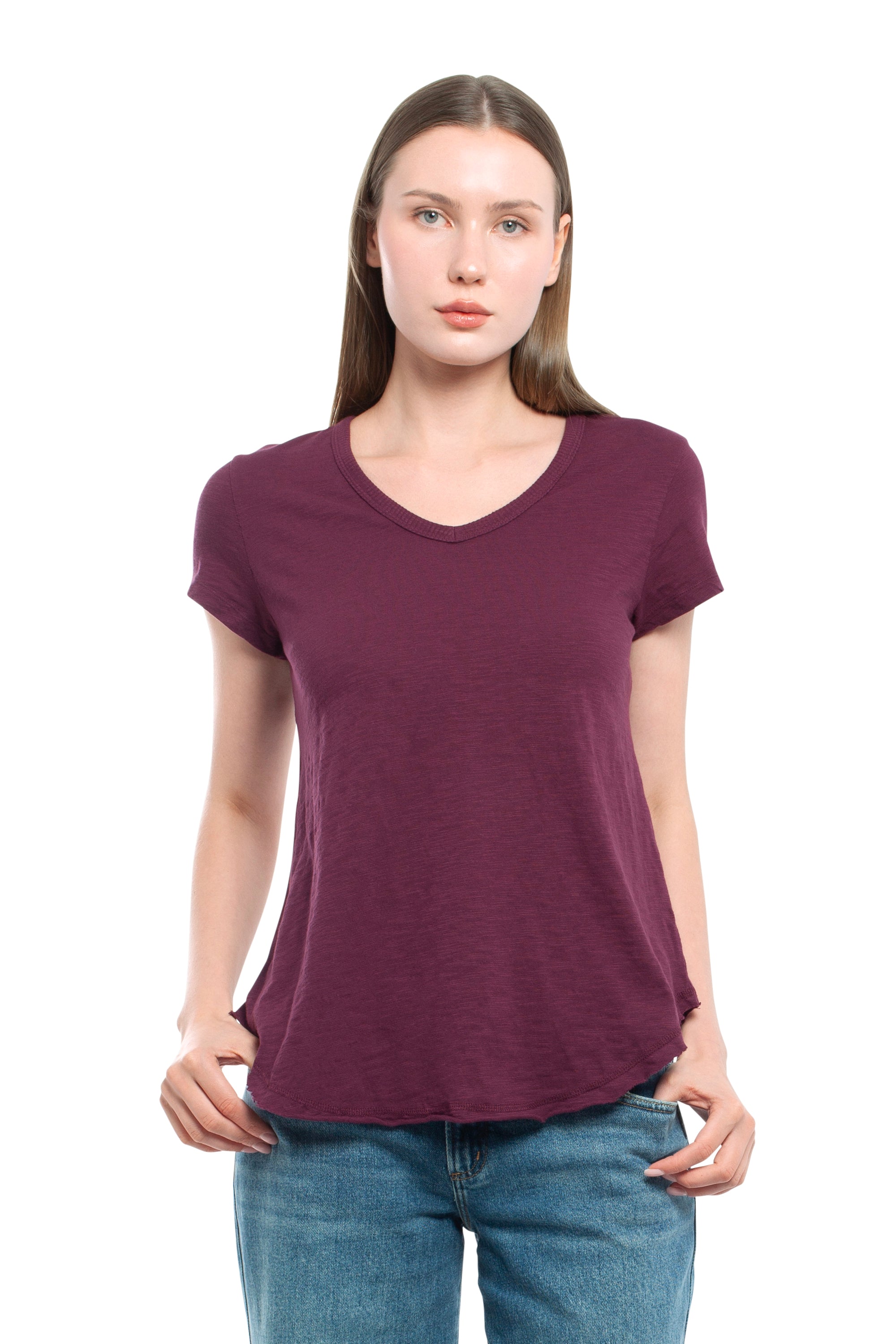 Short Sleeve Shrunken V-Neck Shirttail - Dark Fig / XS