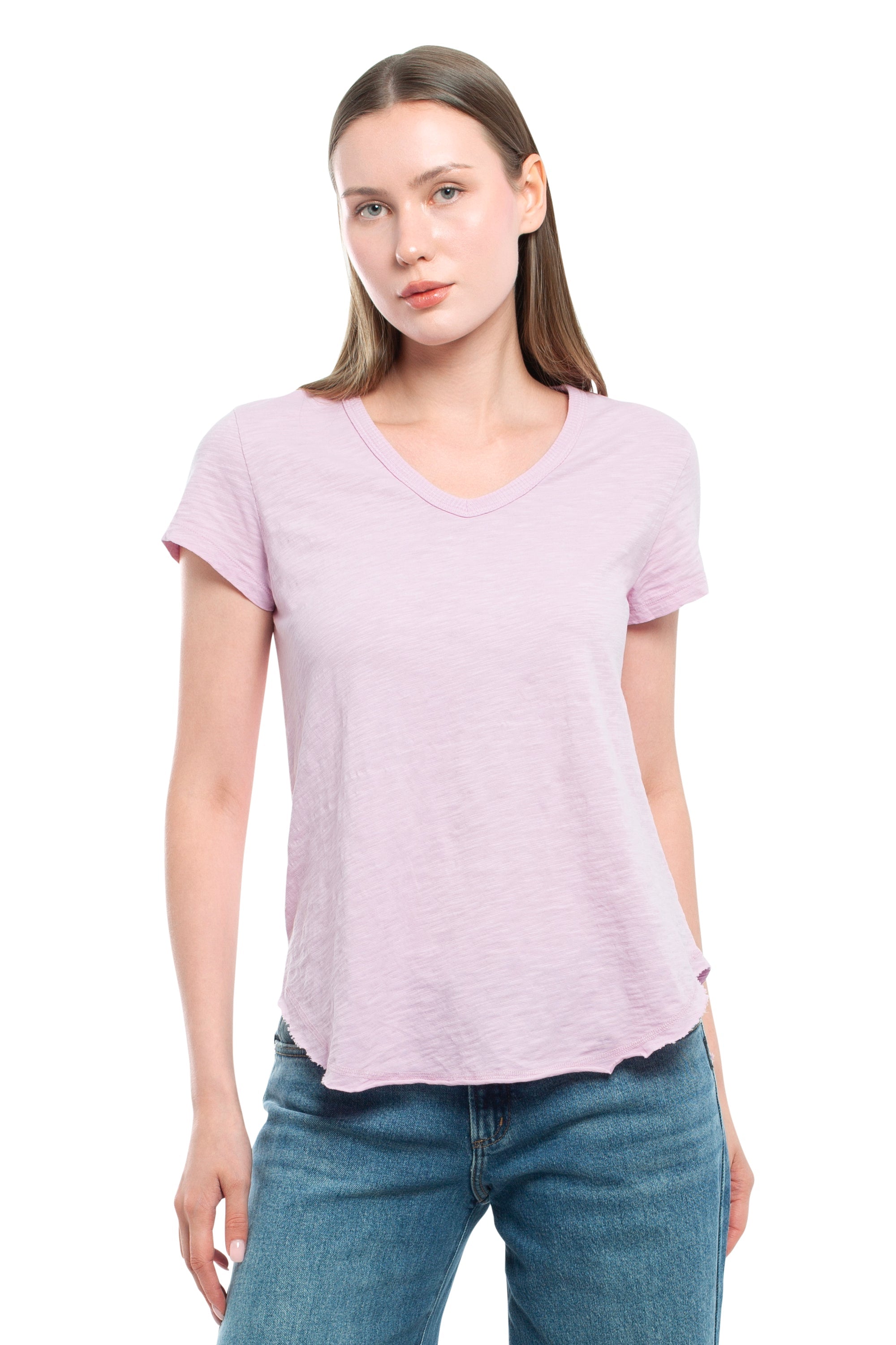 Short Sleeve Shrunken V-Neck Shirttail - Mauve Mist / L