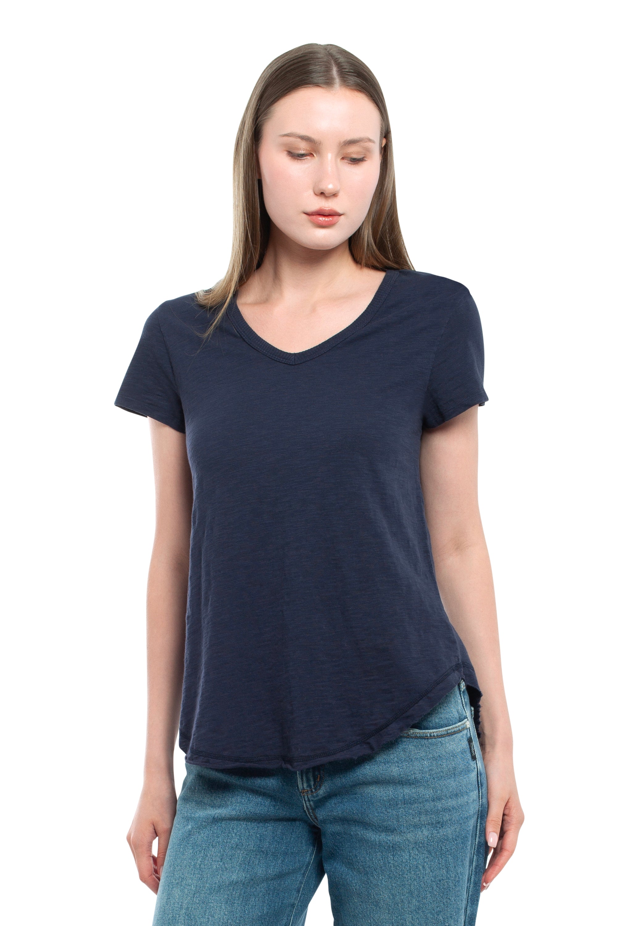 Short Sleeve Shrunken V-Neck Shirttail - Peacoat / S