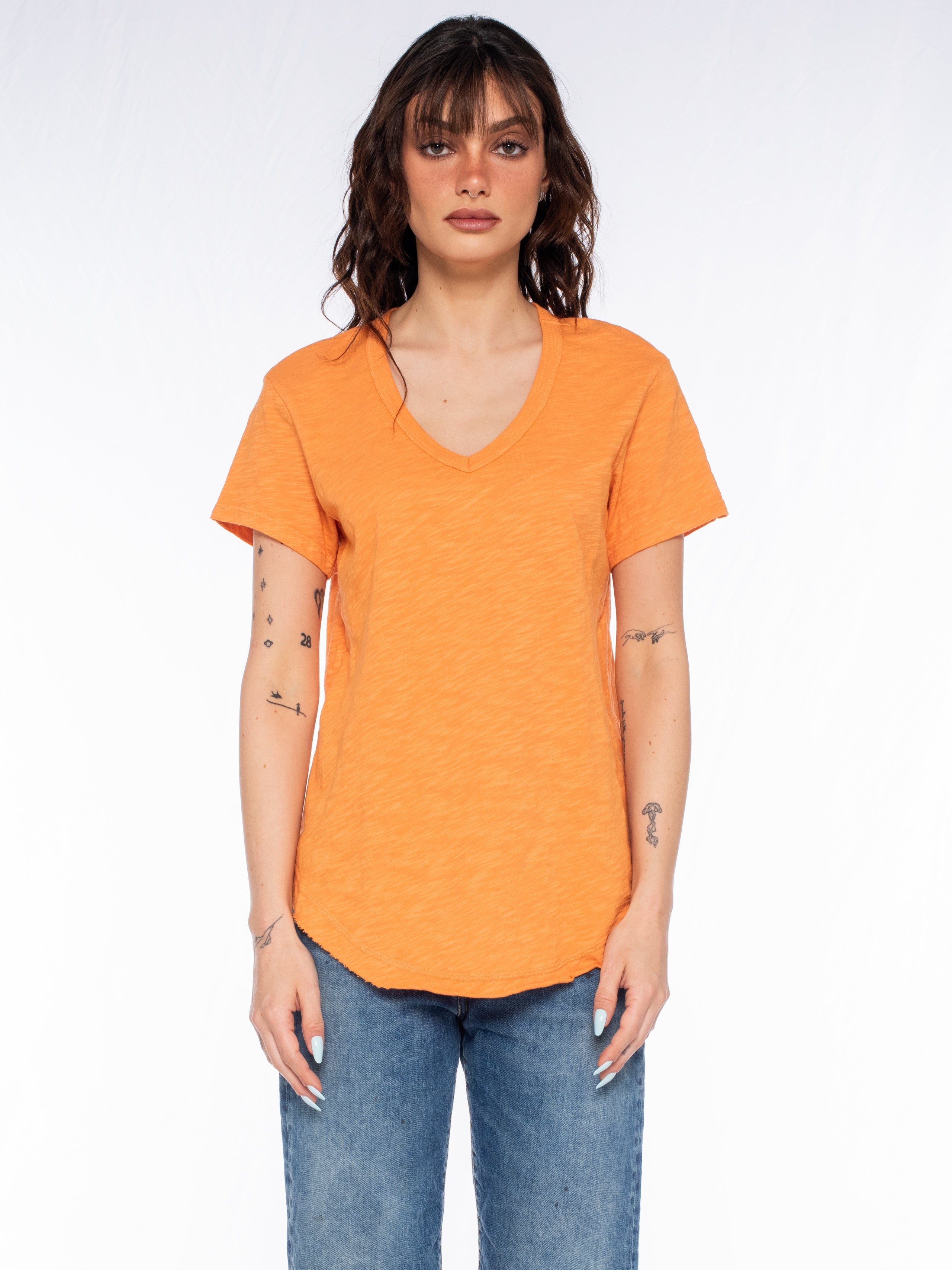 Short Sleeve Shrunken V-Neck Shirttail - Tangerine / XL