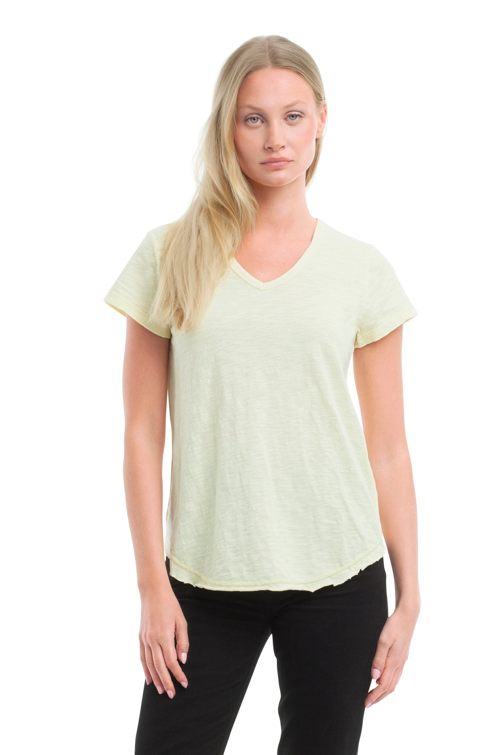 Short Sleeve Shrunken V-Neck Shirttail - Transparent Yellow / L
