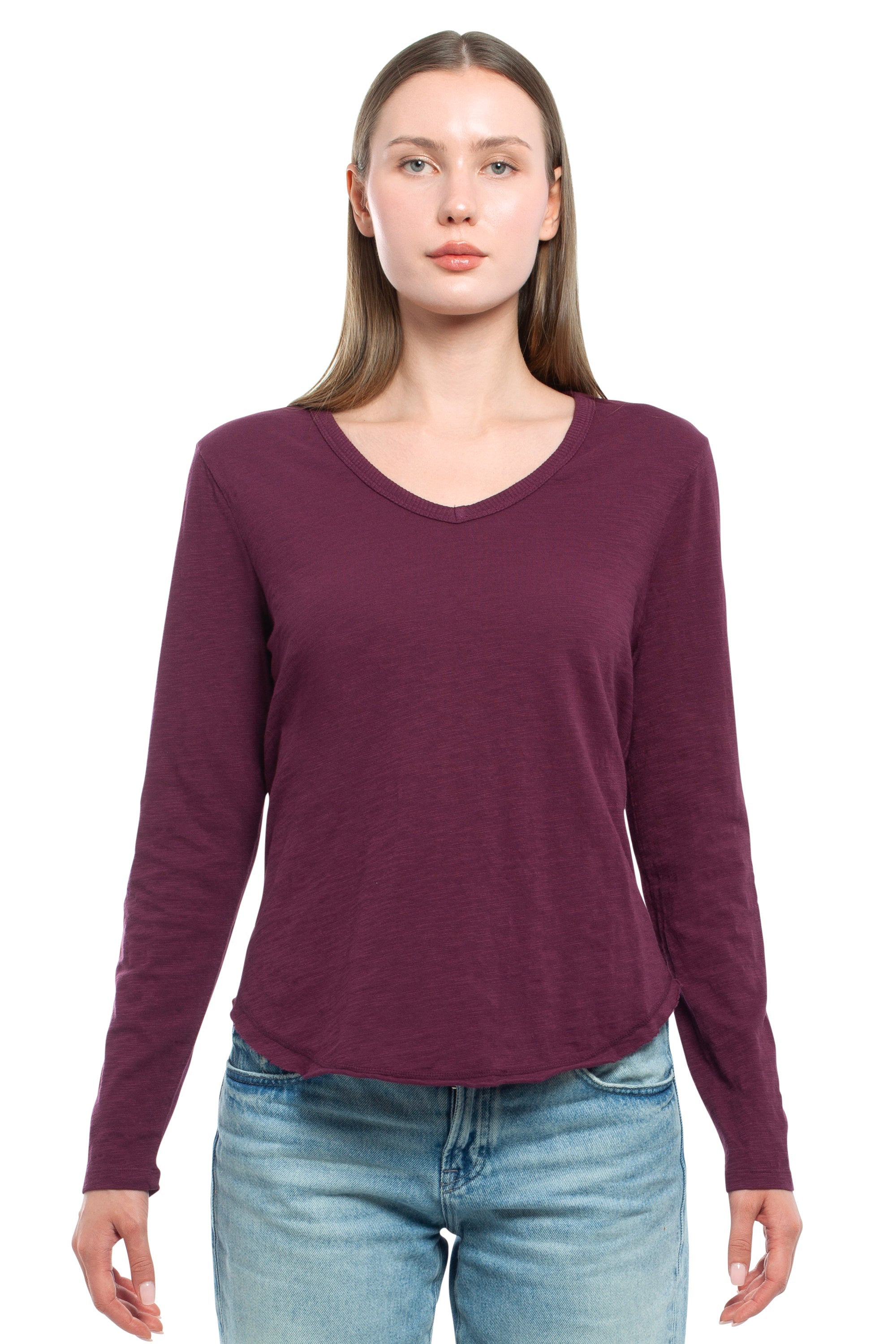 Long Sleeve V-Neck w/ Raw Hem Shirttail - Dark Fig / XL