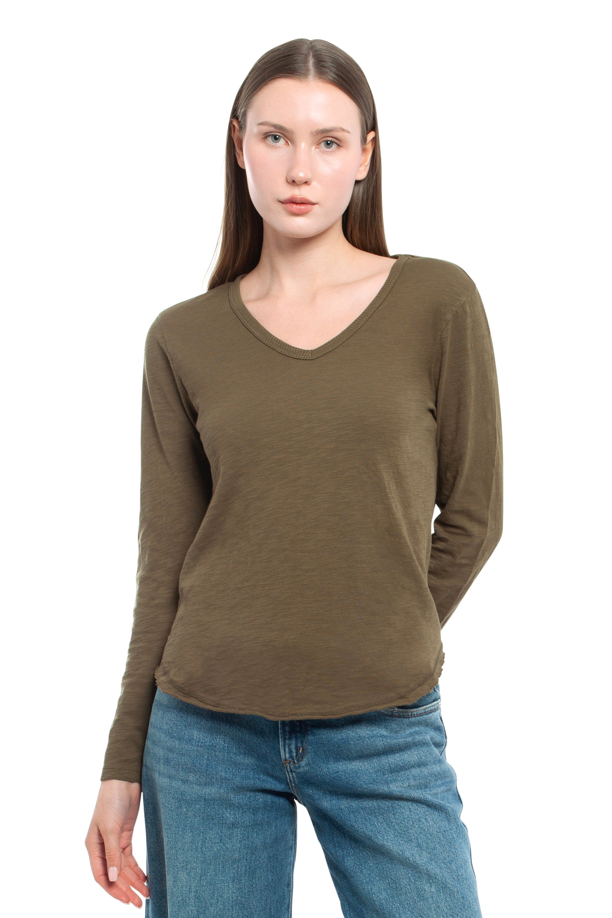Long Sleeve V-Neck w/ Raw Hem Shirttail - Dark Olive / M