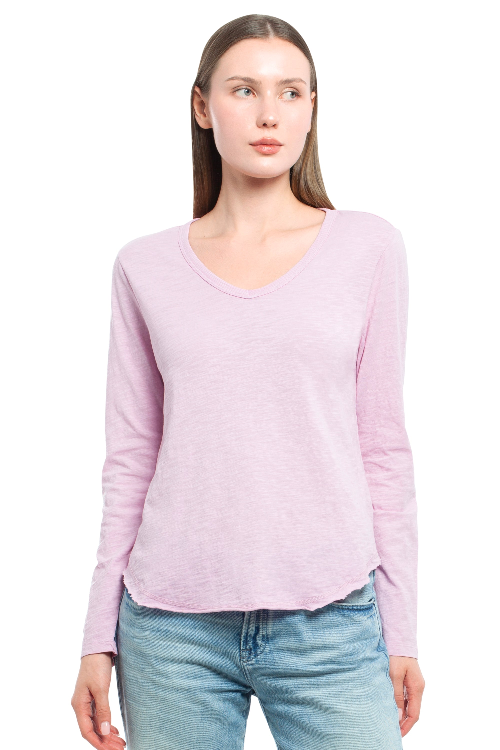 Long Sleeve V-Neck w/ Raw Hem Shirttail - Mauve Mist / M