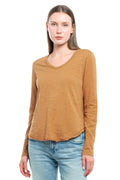 Long Sleeve V-Neck w/ Raw Hem Shirttail - Medium Brown / XL