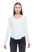 Long Sleeve V-Neck w/ Raw Hem Shirttail - White / S