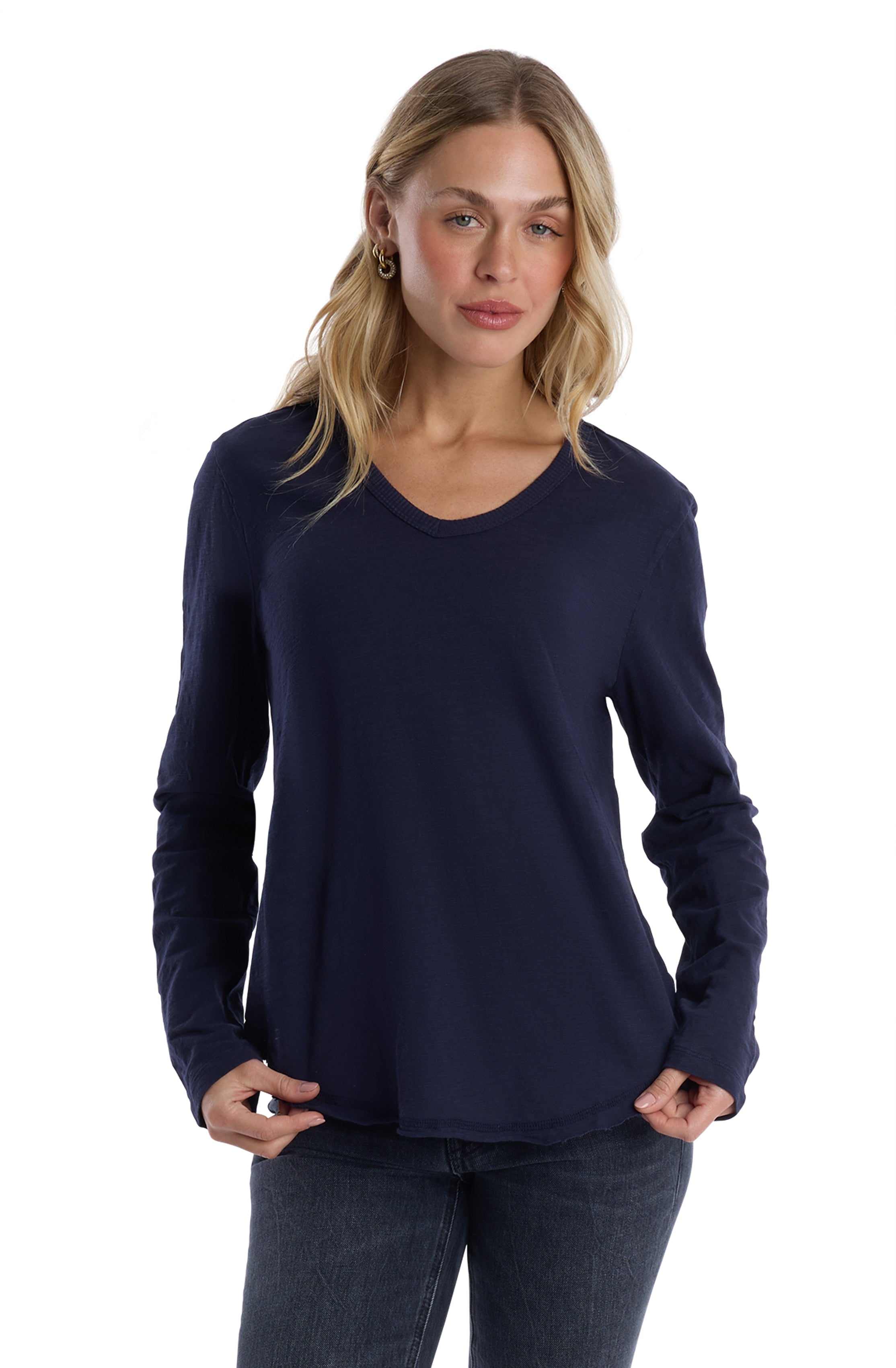 Long Sleeve V-Neck w/ Raw Hem Shirttail - Peacoat / XL