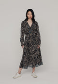 Margot Ruffle Neck Hidden Zebra Print Midi Dress In Black - 16