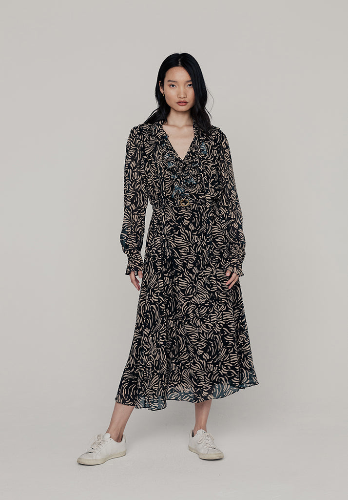 Margot Ruffle Neck Hidden Zebra Print Midi Dress In Black - 16