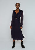 Margot Ruffle Neck Midi Dress In Navy - 16